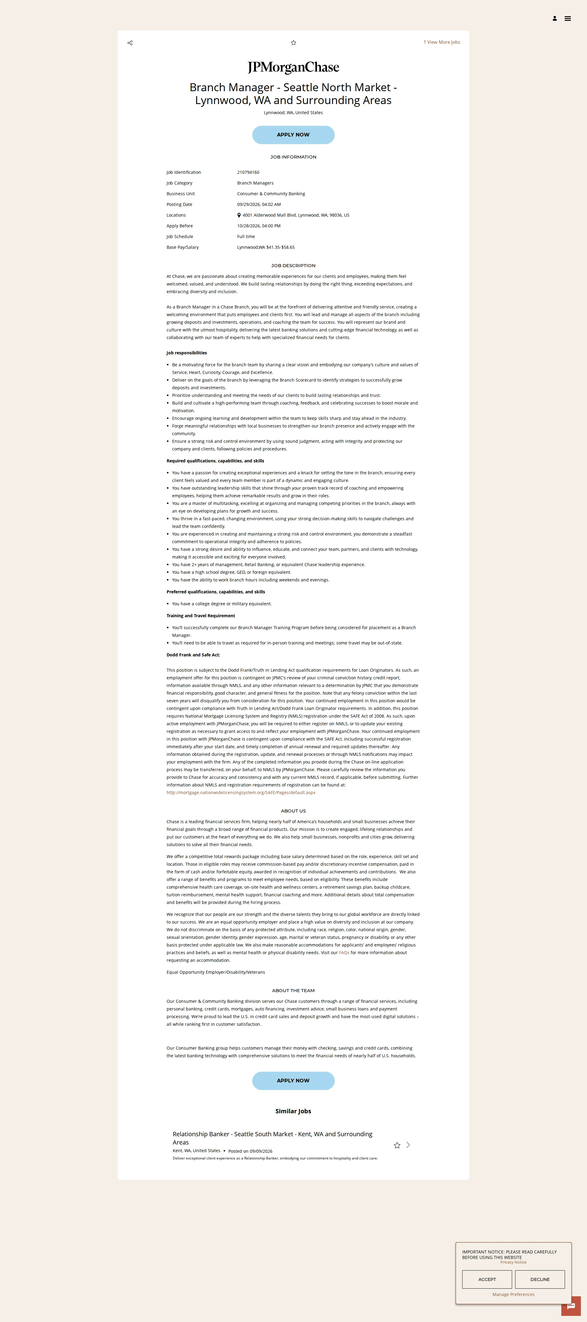 JPMorganChase Branch Manager - Seattle North Market - Lynnwood, WA and Surrounding Areas 채용공고