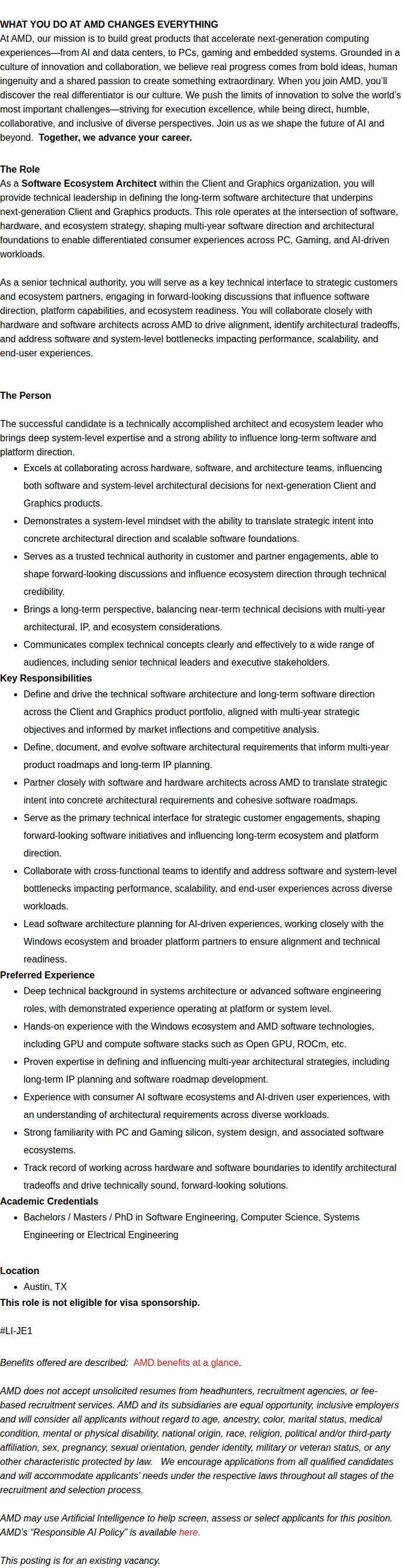 AMD Software Ecoystem Architect 채용공고