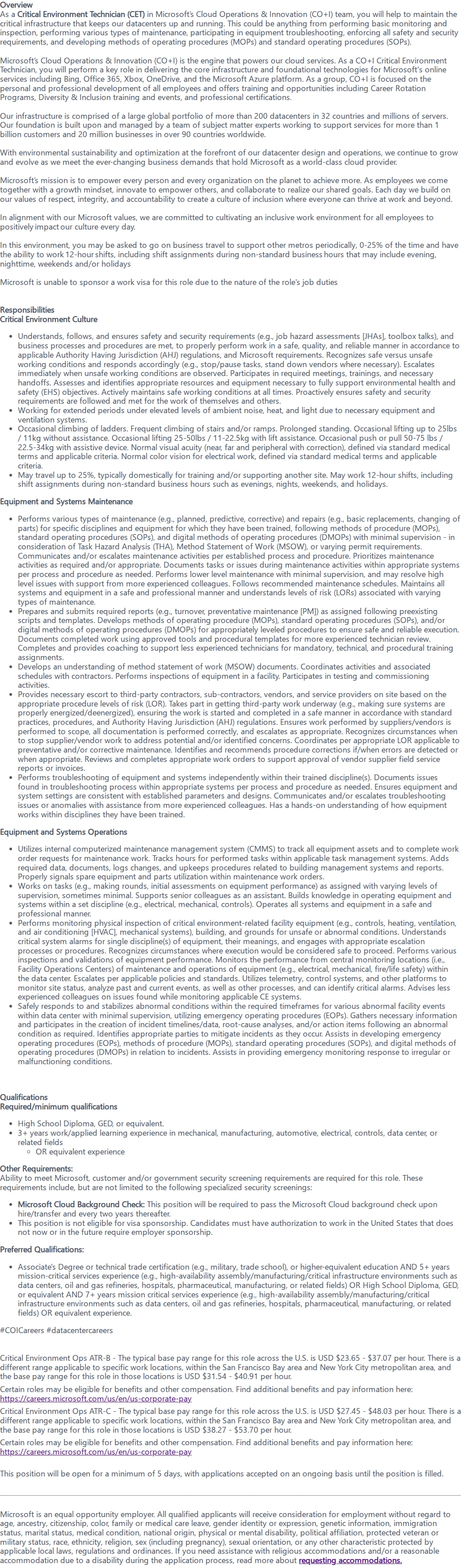 마이크로소프트(Microsoft) Critical Environment Technician 채용공고