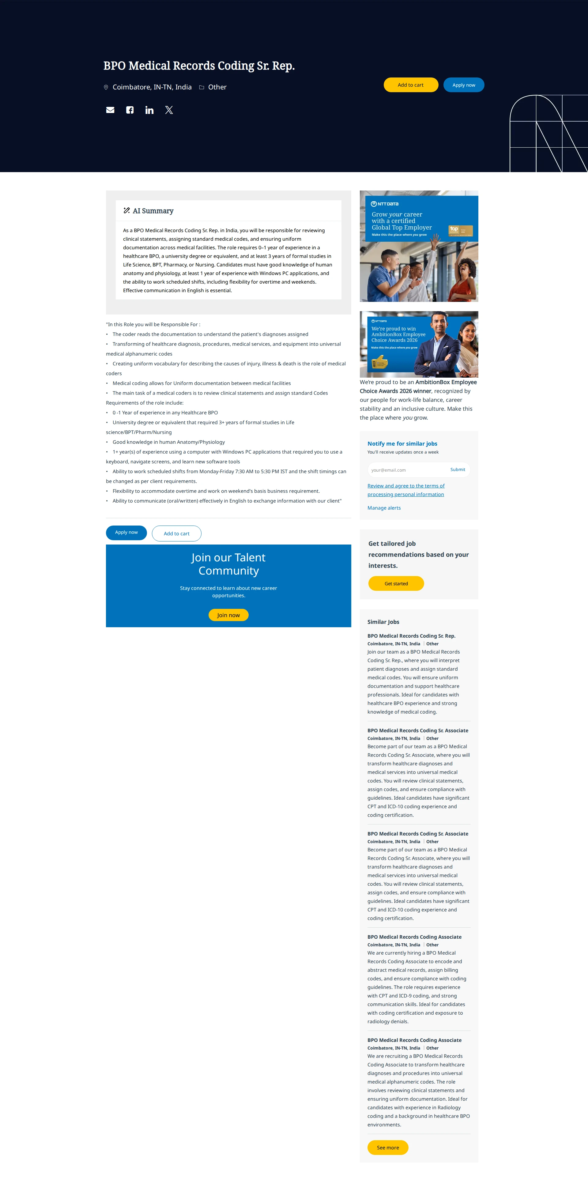 NTT데이터 BPO Medical Records Coding Sr. Rep. 채용공고