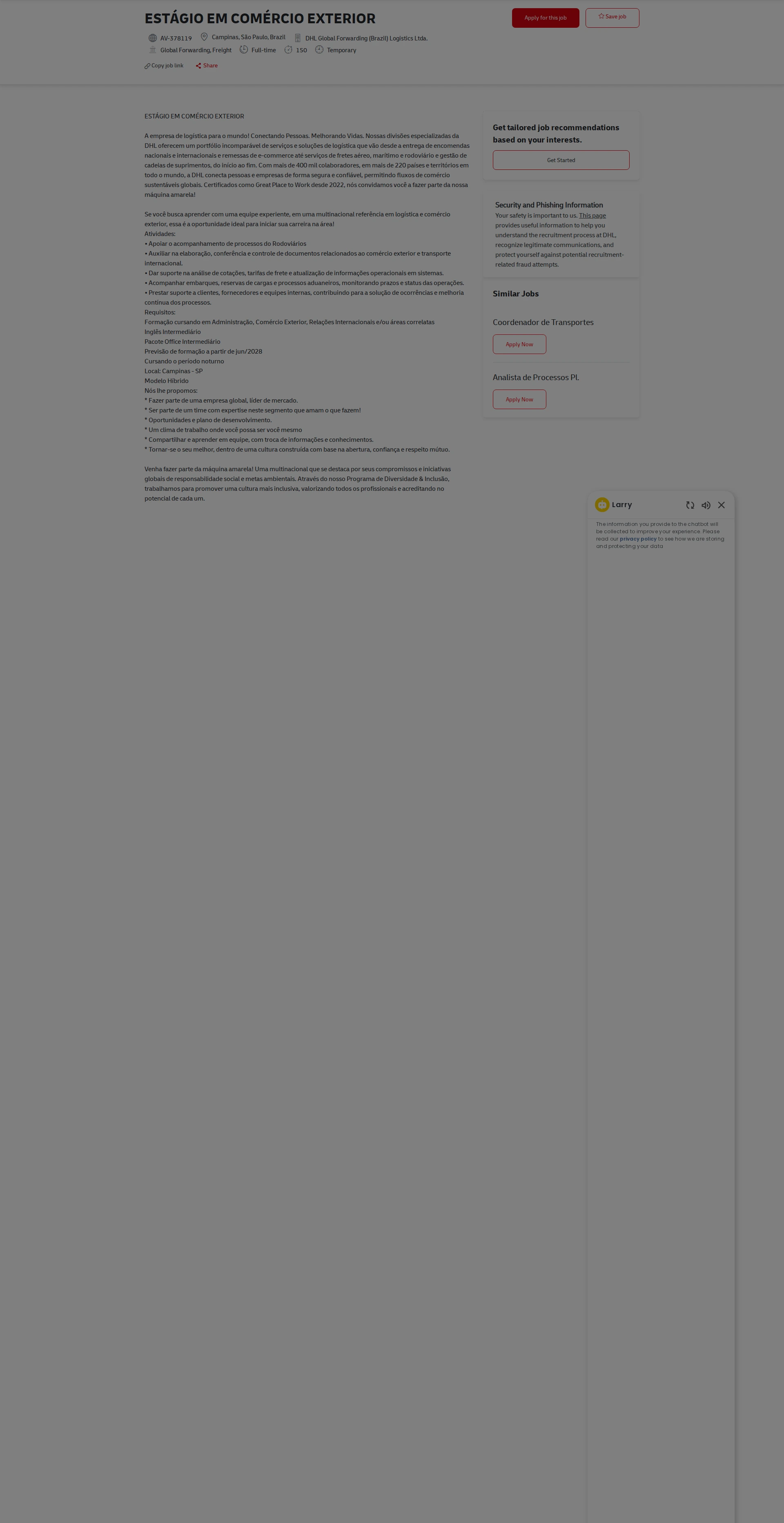 DHL ESTÁGIO EM COMÉRCIO EXTERIOR 채용공고
