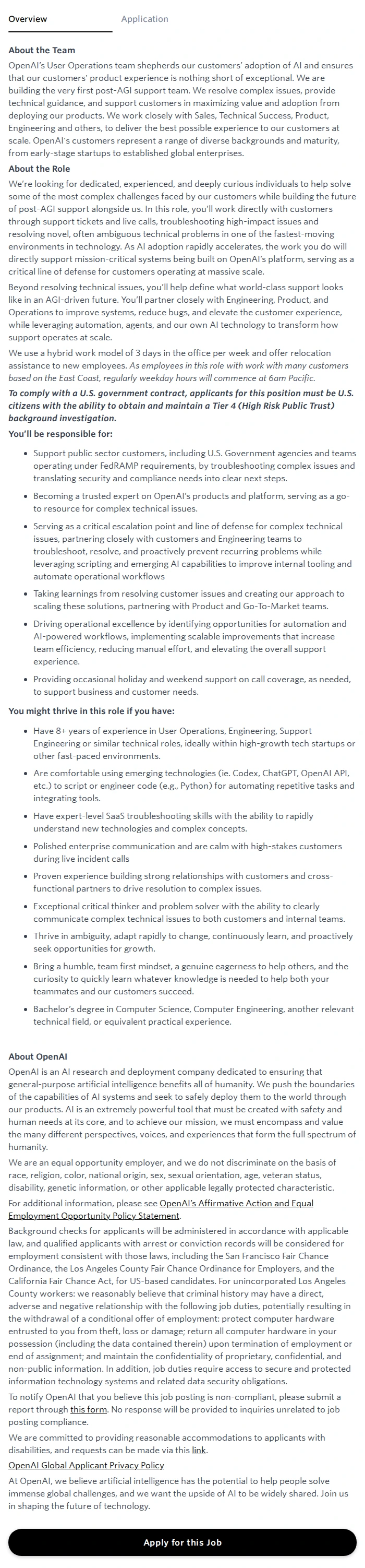 오픈에이아이(OpenAI) AI Support Engineer, Government - San Francisco, CA 채용공고