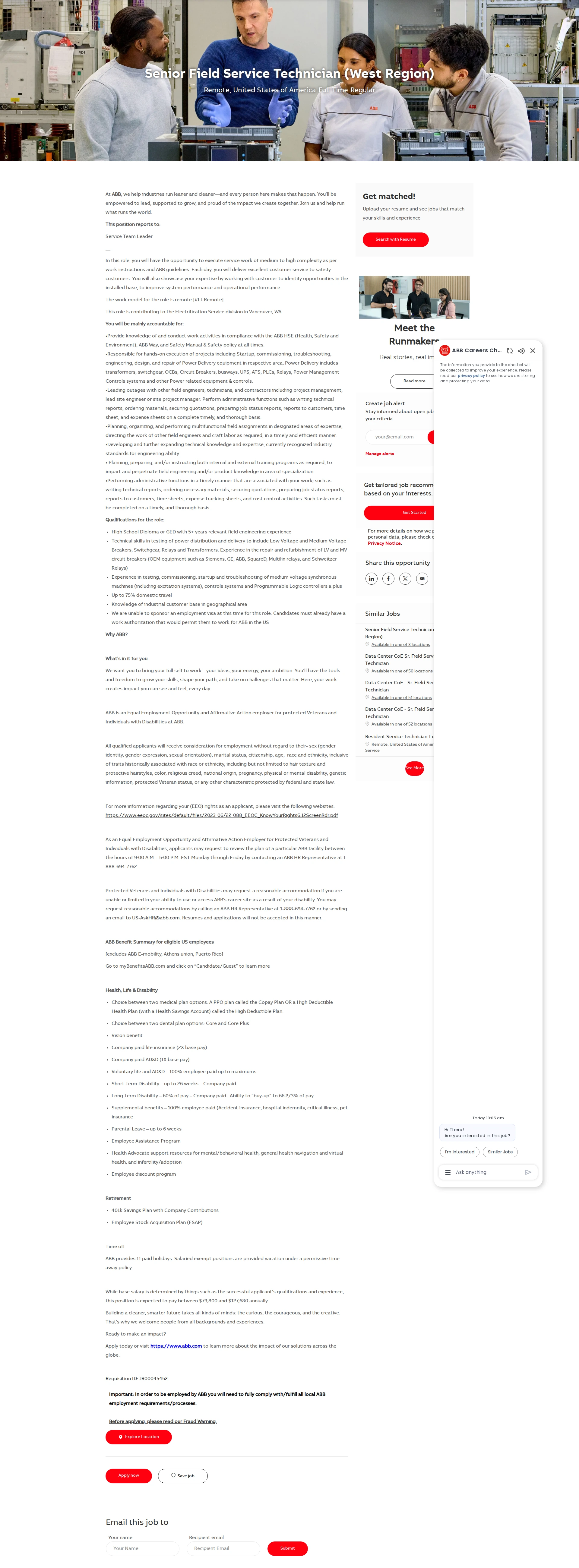 ABB코리아 Senior Field Service Technician (West Region) 채용공고