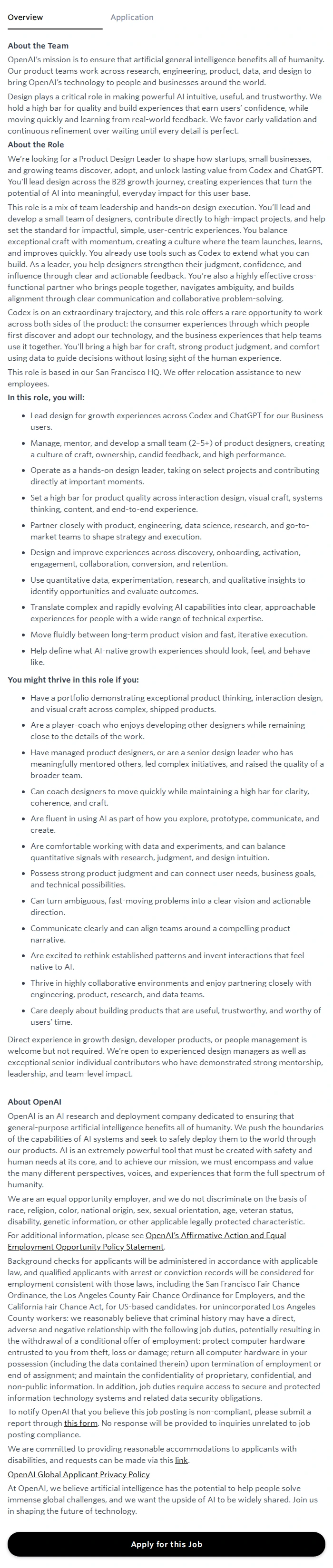 오픈에이아이(OpenAI) Product Design Leadership, Growth 채용공고