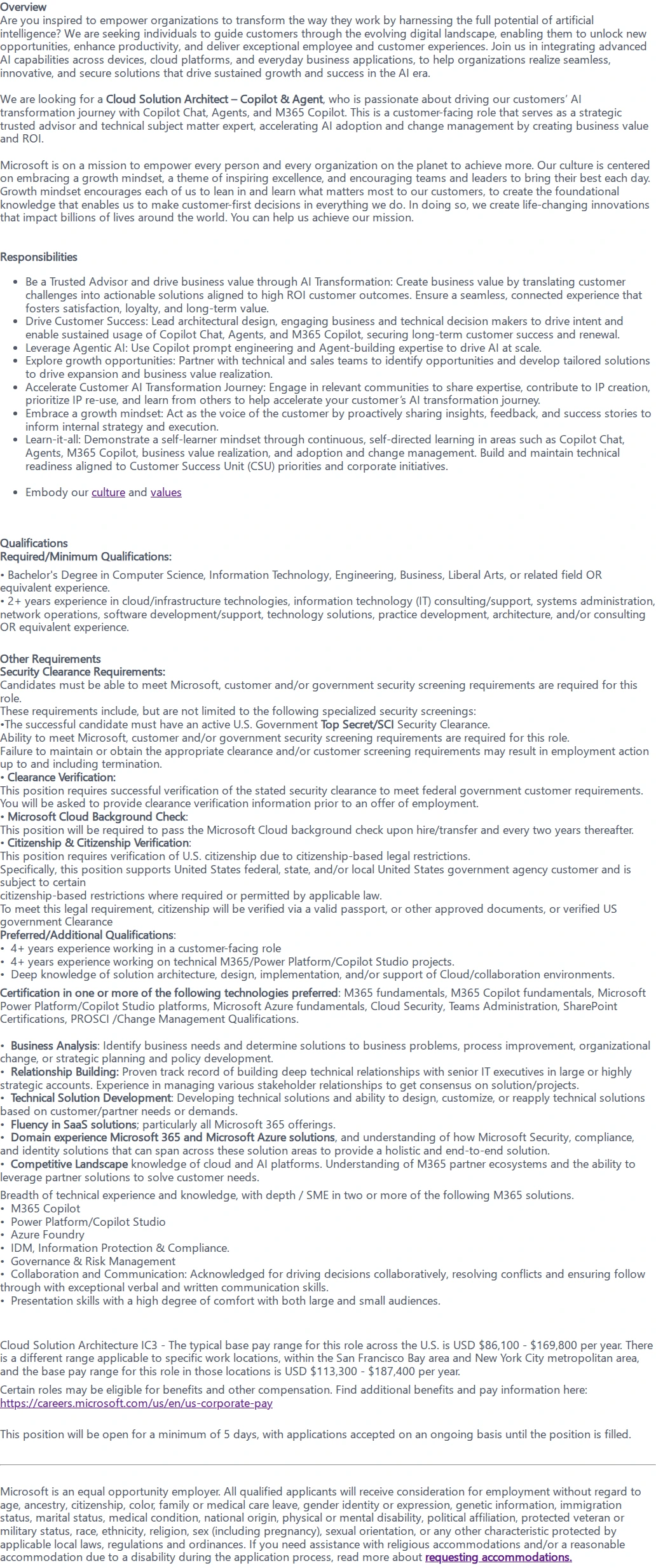 마이크로소프트(Microsoft) Cloud Solution Architect-Copilot & Agent-CTJ-Top Secret/SCI 채용공고