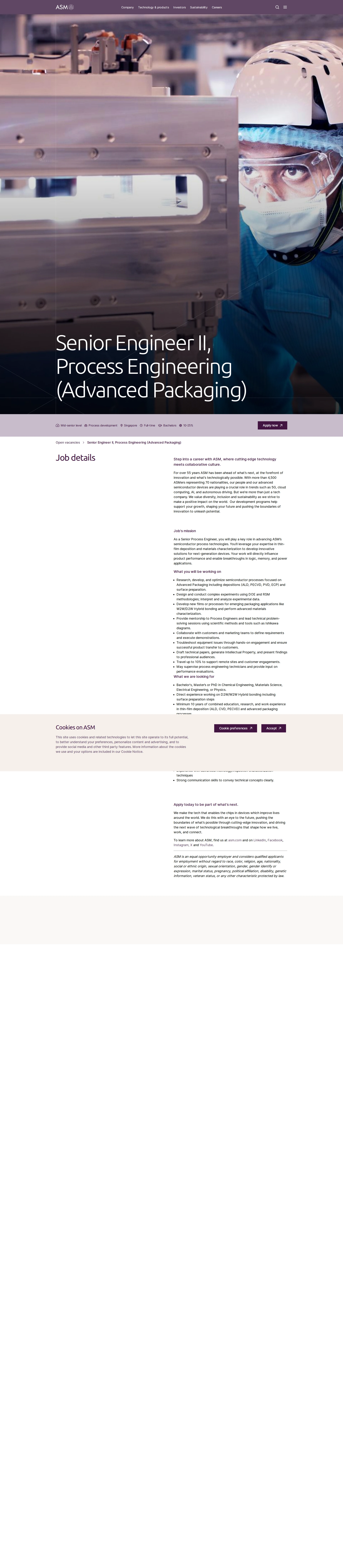 ASM Senior Engineer II, Process Engineering (Advanced Packaging) 채용공고