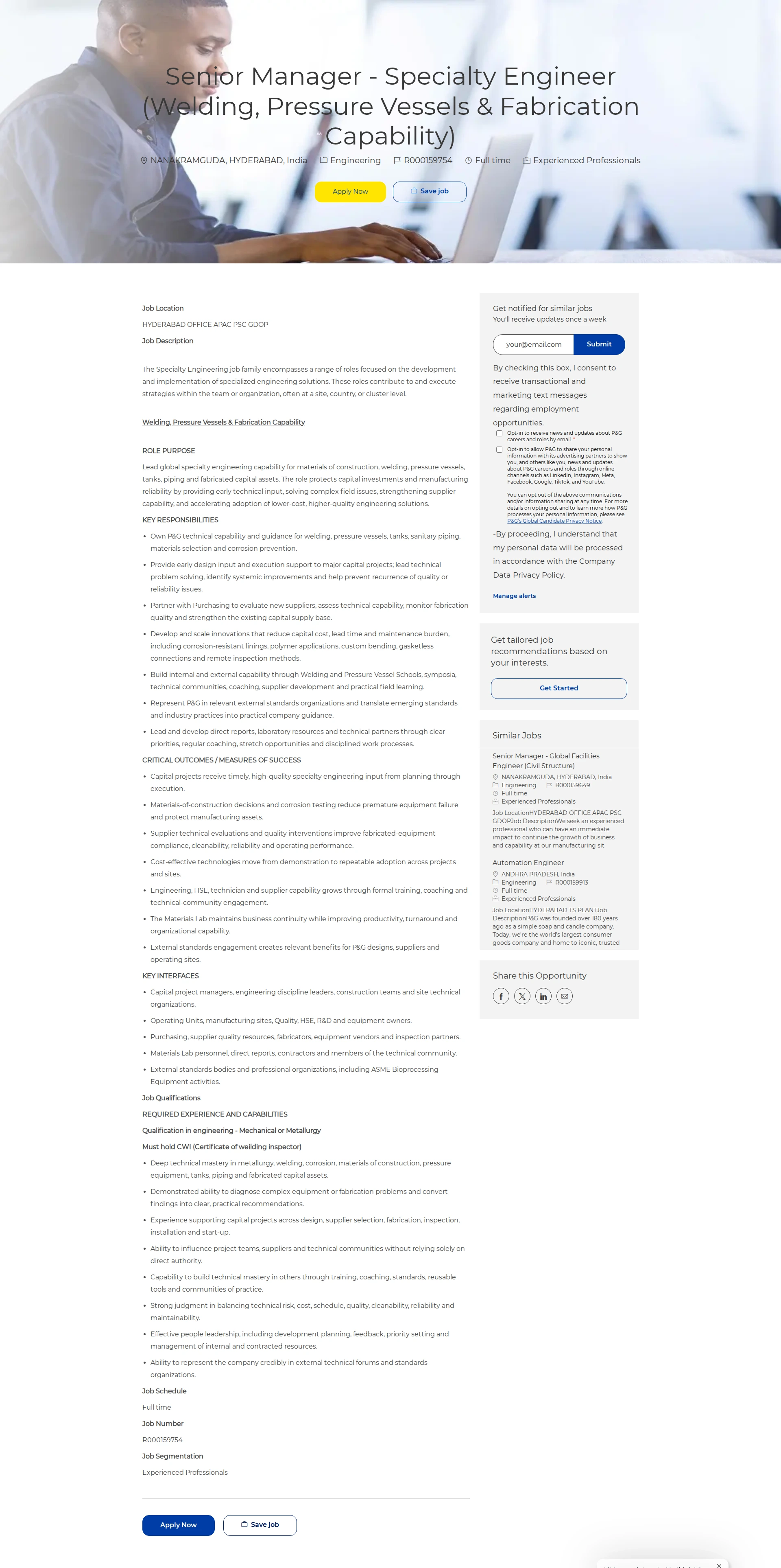 P&G Senior Manager - Specialty Engineer (Welding, Pressure Vessels & Fabrication Capability) 채용공고