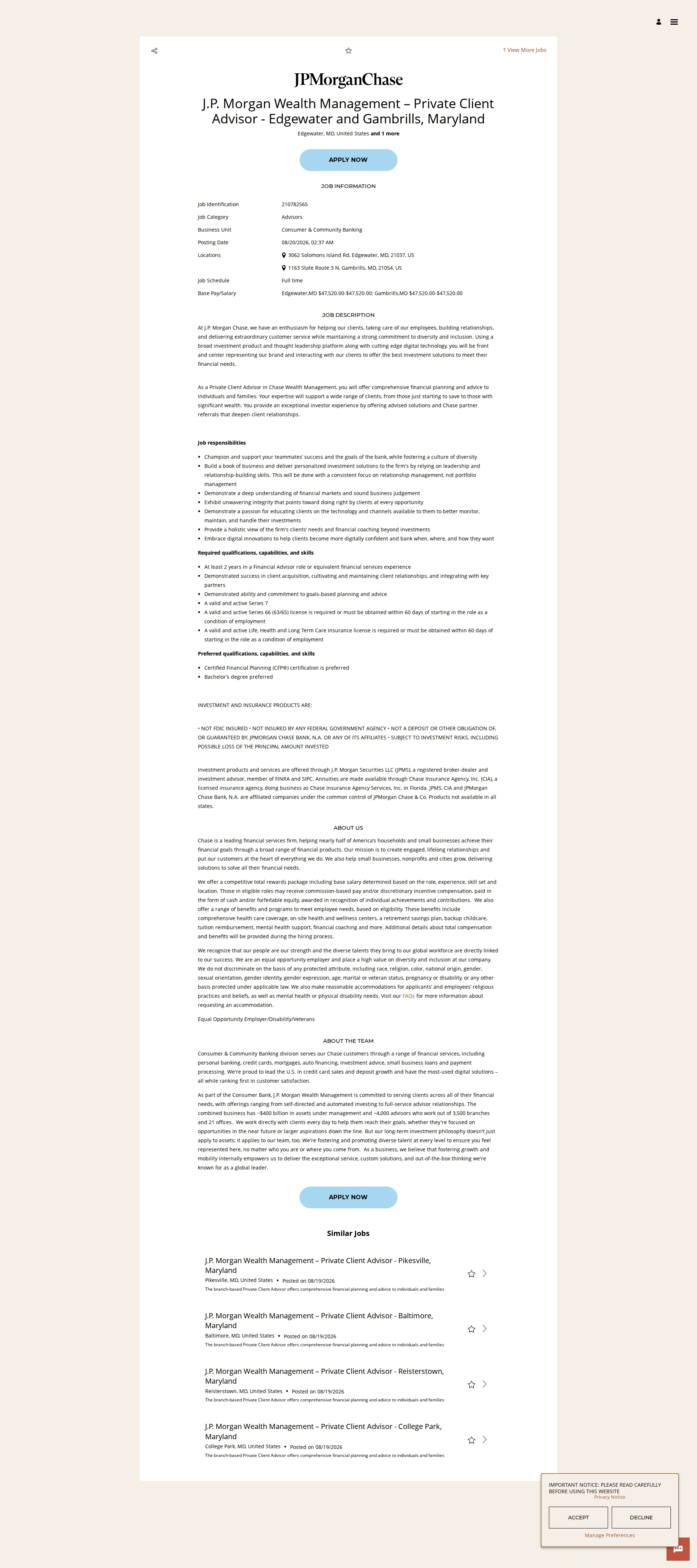JPMorganChase J.P. Morgan Wealth Management – Private Client Advisor - Edgewater and Gambrills,  Maryland 채용공고