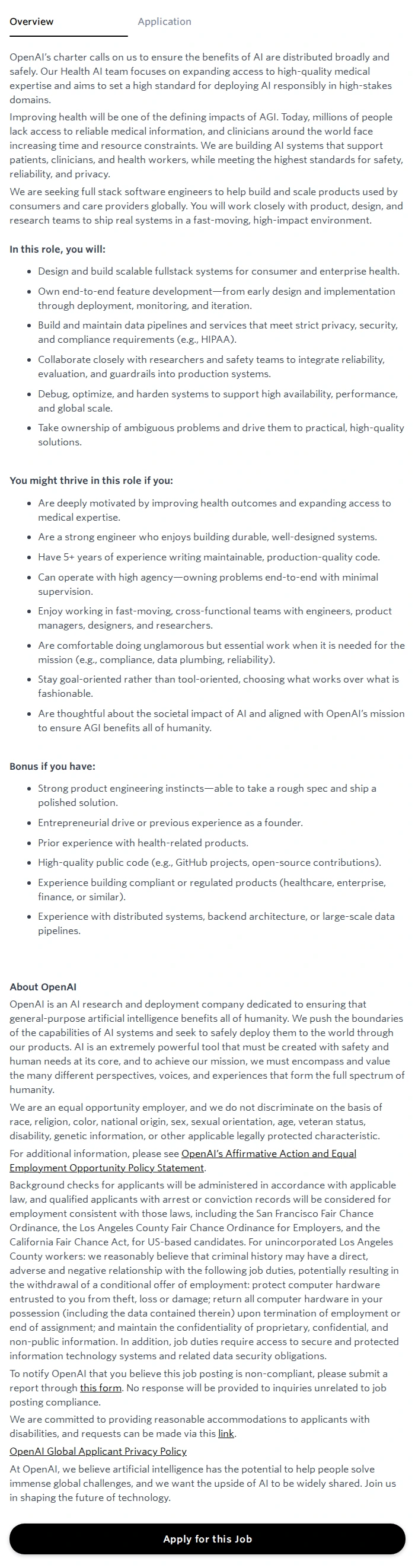 오픈에이아이(OpenAI) Full Stack Software Engineer, Health AI 채용공고