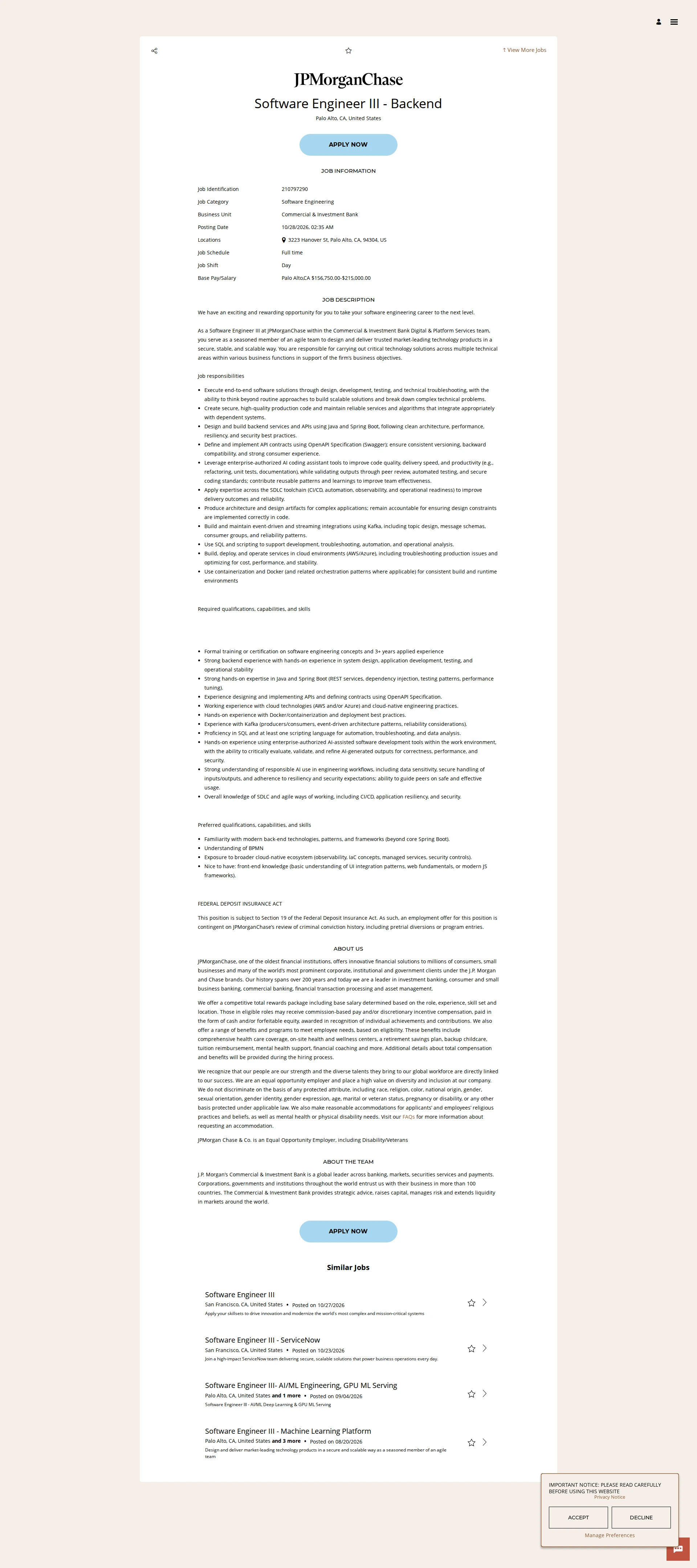 JPMorganChase Software Engineer III - Backend 채용공고