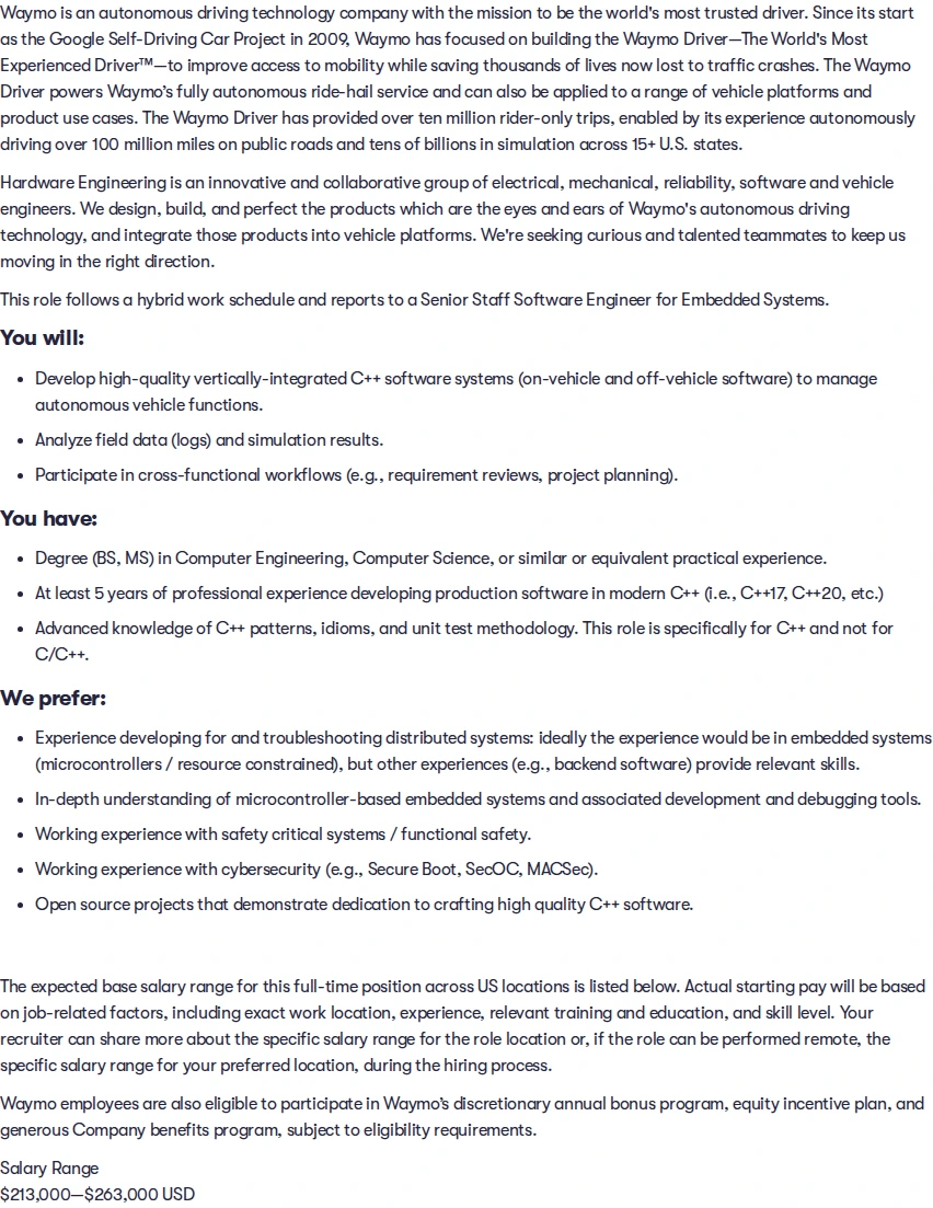 웨이모 Senior Software Engineer, Vehicle Platforms C++ 채용공고