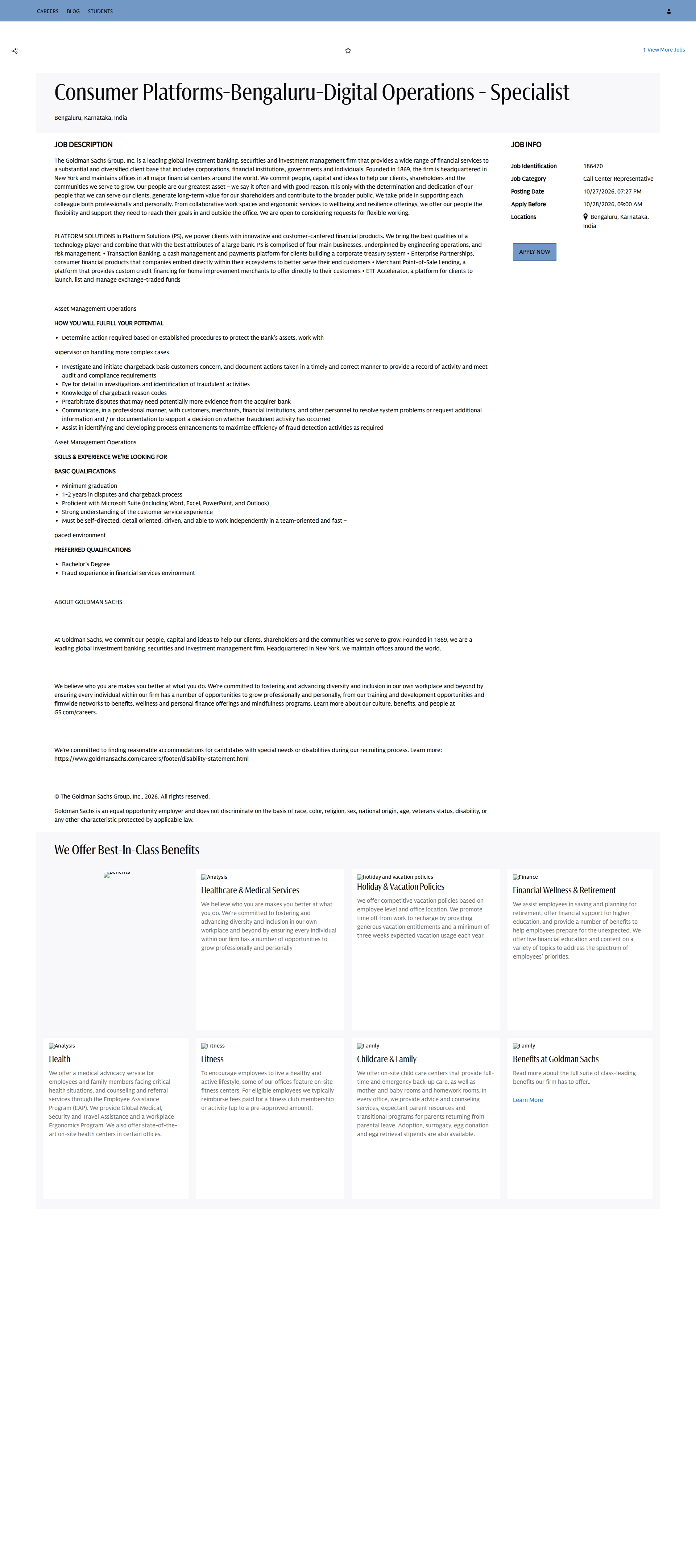 골드만삭스 Consumer Platforms-Bengaluru-Digital Operations - Specialist 채용공고
