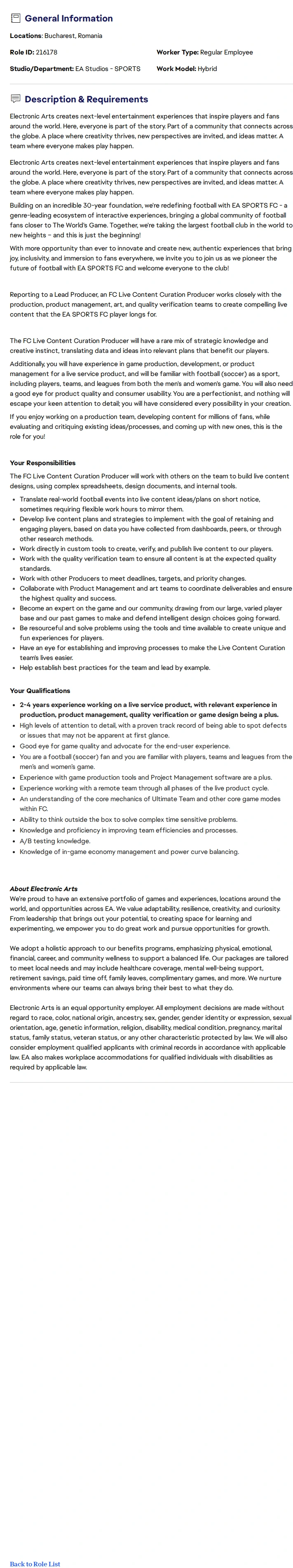 ElectronicArts Assistant Content Producer @ EA Sports FC 채용공고