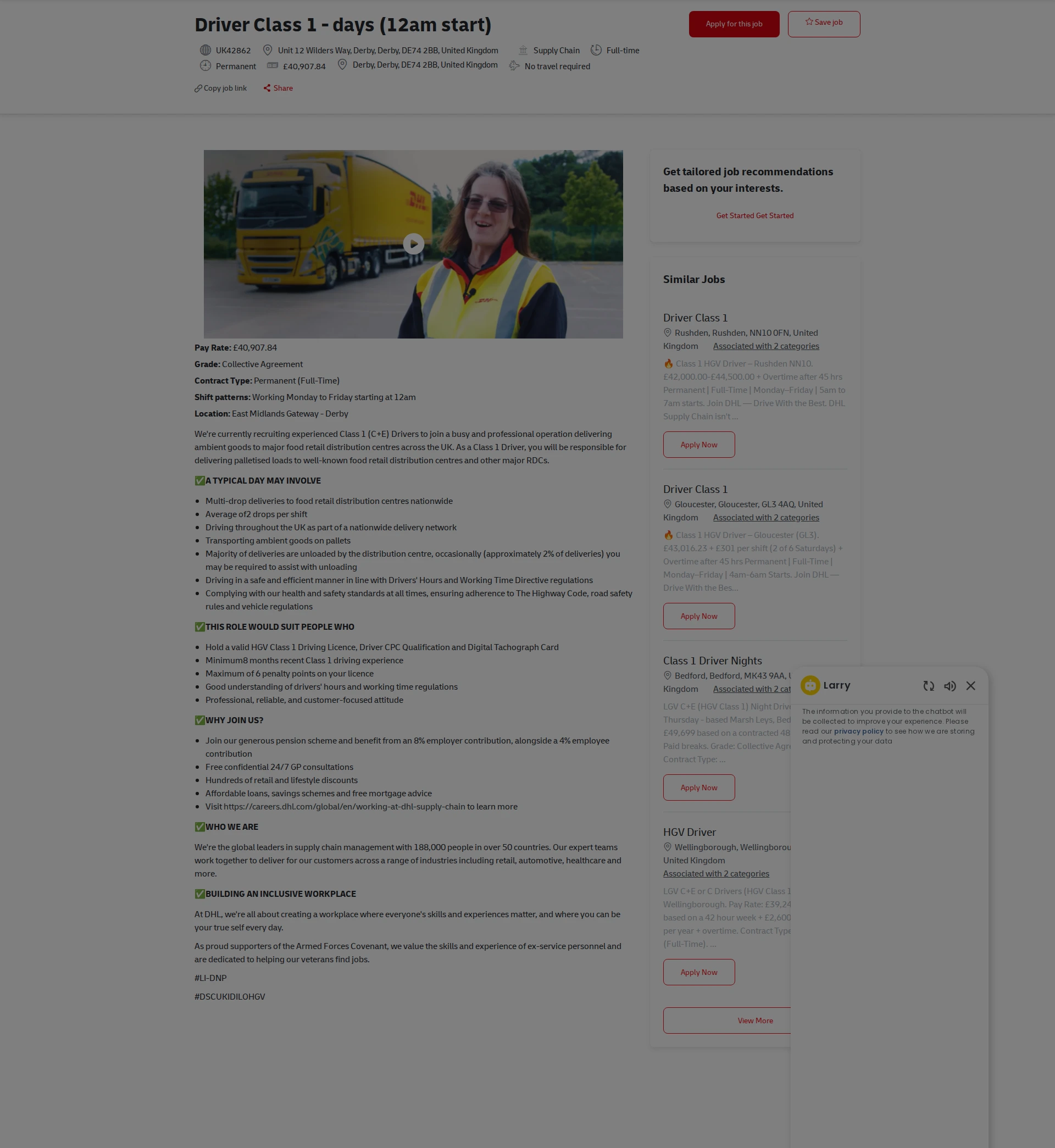DHL Driver Class 1 - days (12am start) 채용공고