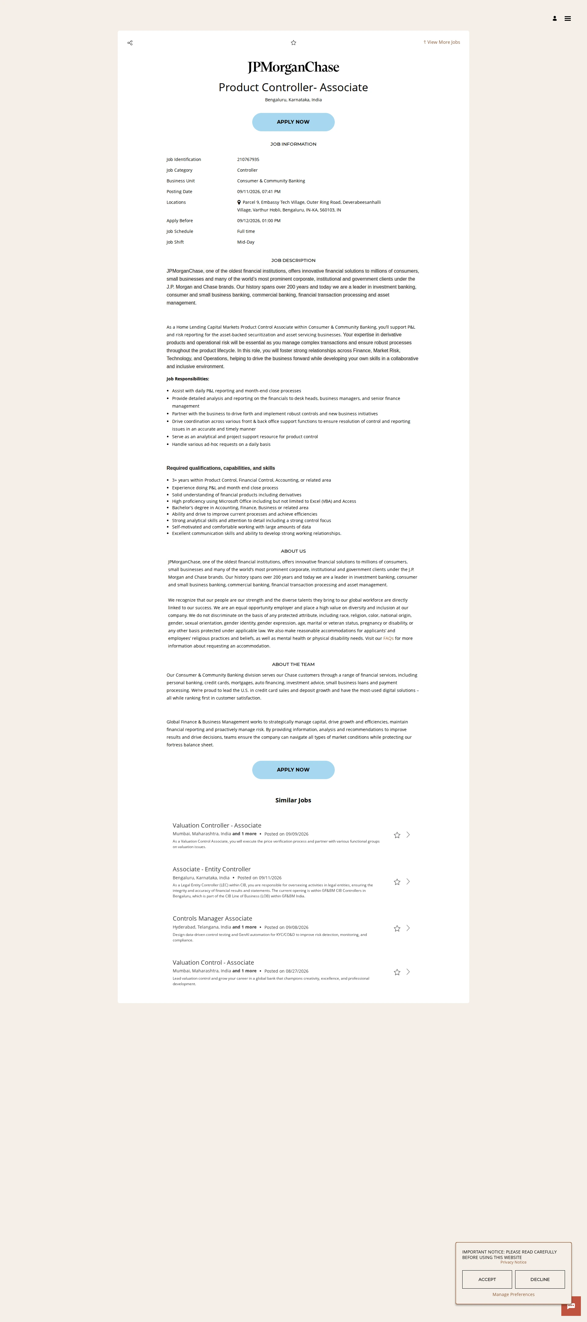 JPMorganChase Product Controller- Associate 채용공고