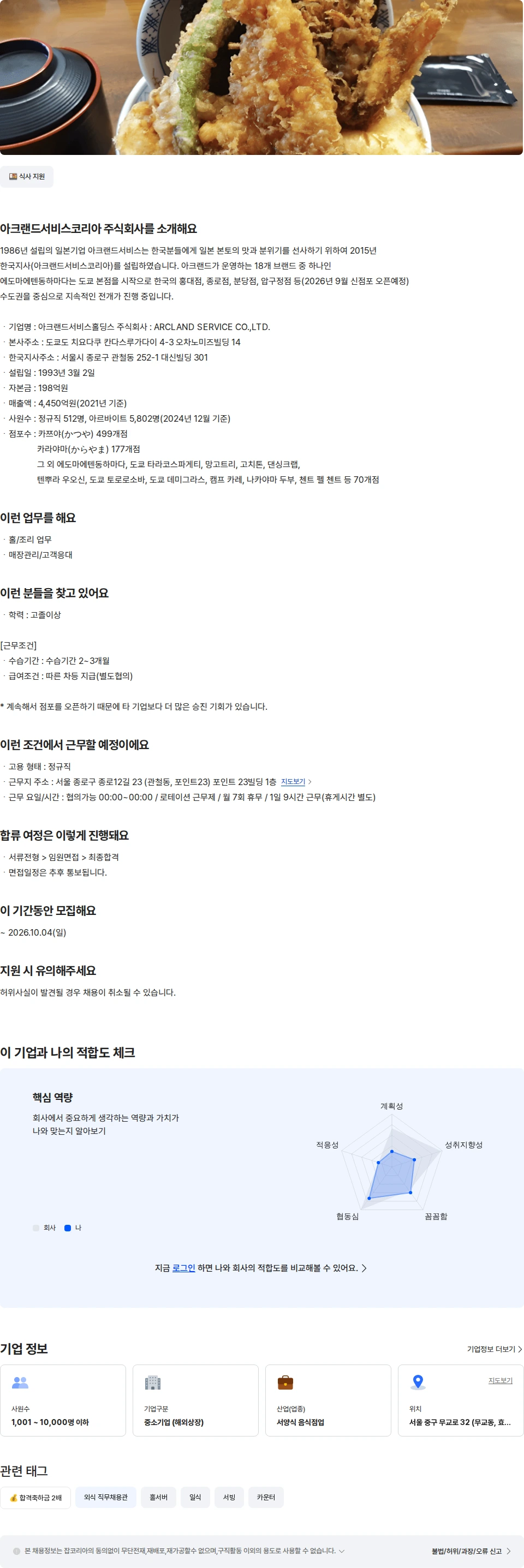 아크랜드서비스코리아 [하마다 종로점] 매장 정규직 경력 채용공고