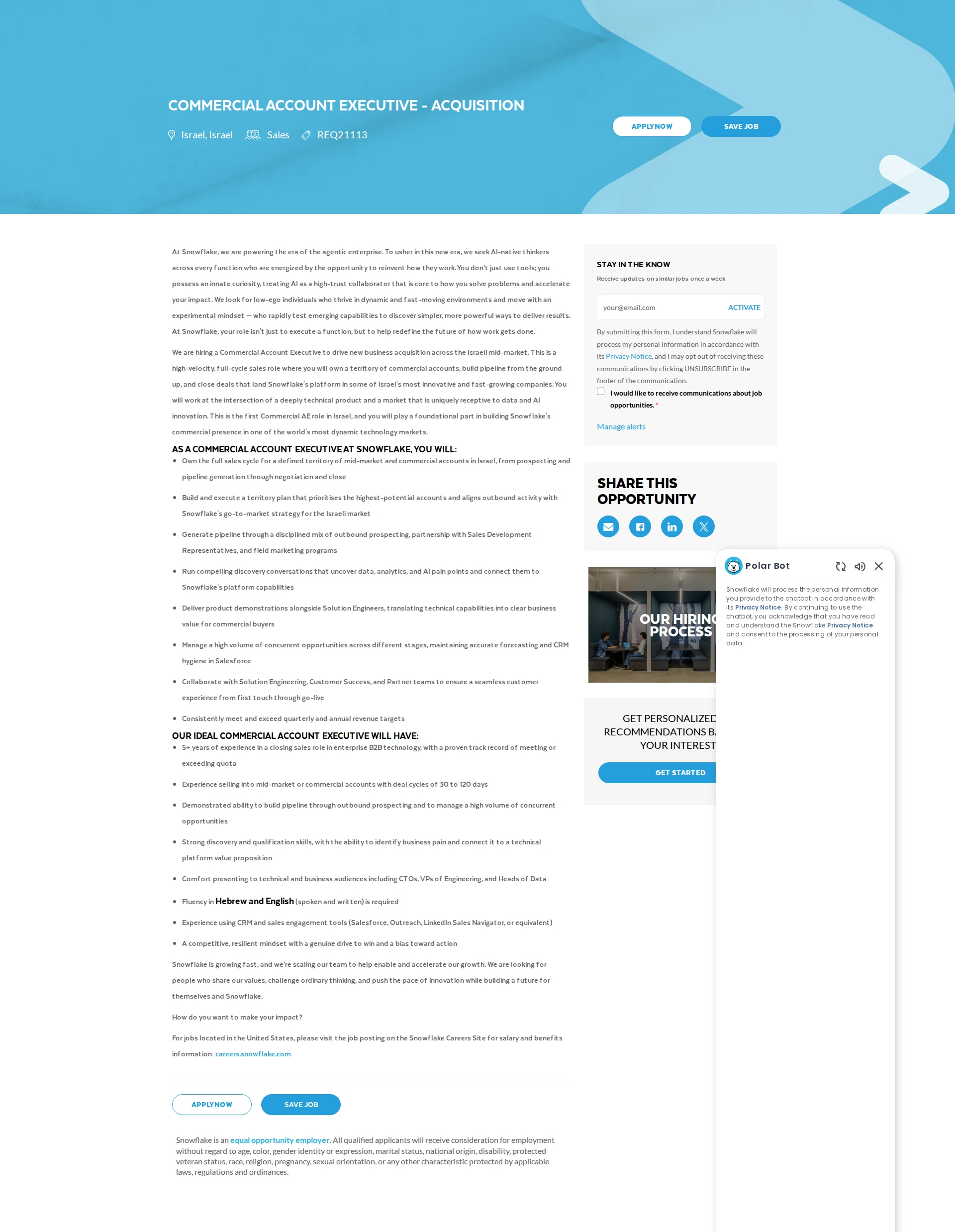 스노우플레이크 Commercial Account Executive - Acquisition 채용공고