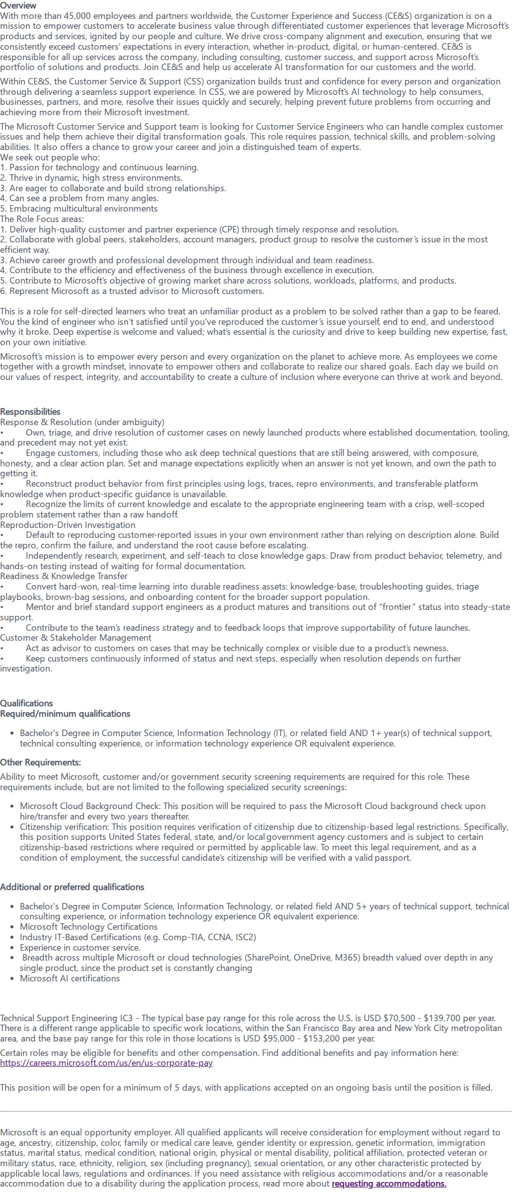 마이크로소프트(Microsoft) Technical Support Engineer 채용공고