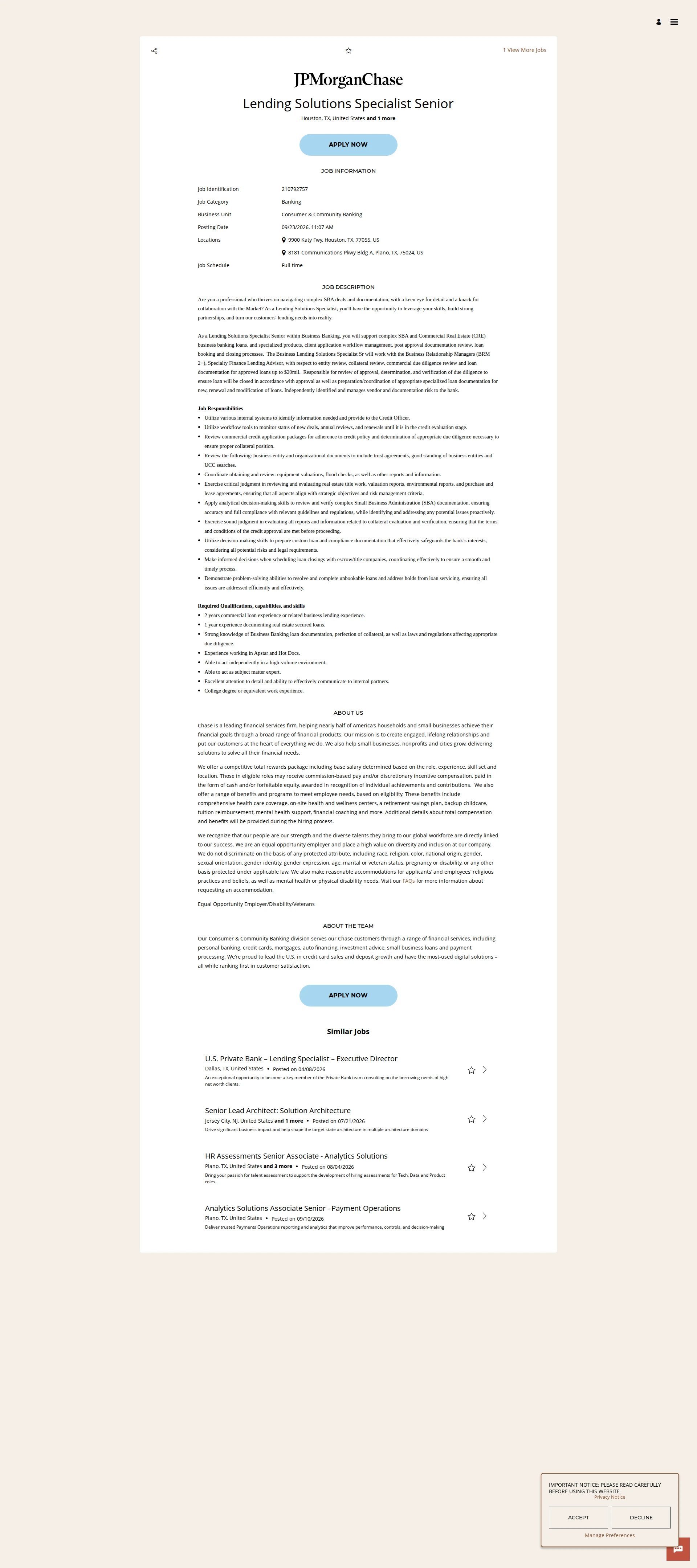 JPMorganChase Lending Solutions Specialist Senior 채용공고