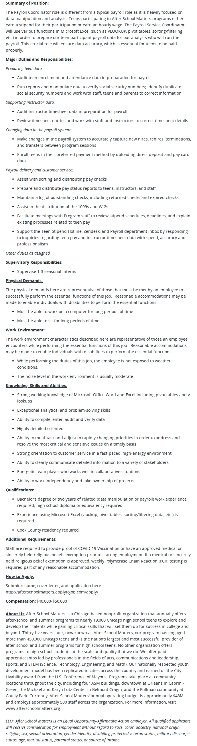 After School Matters Payroll Coordinator 채용공고