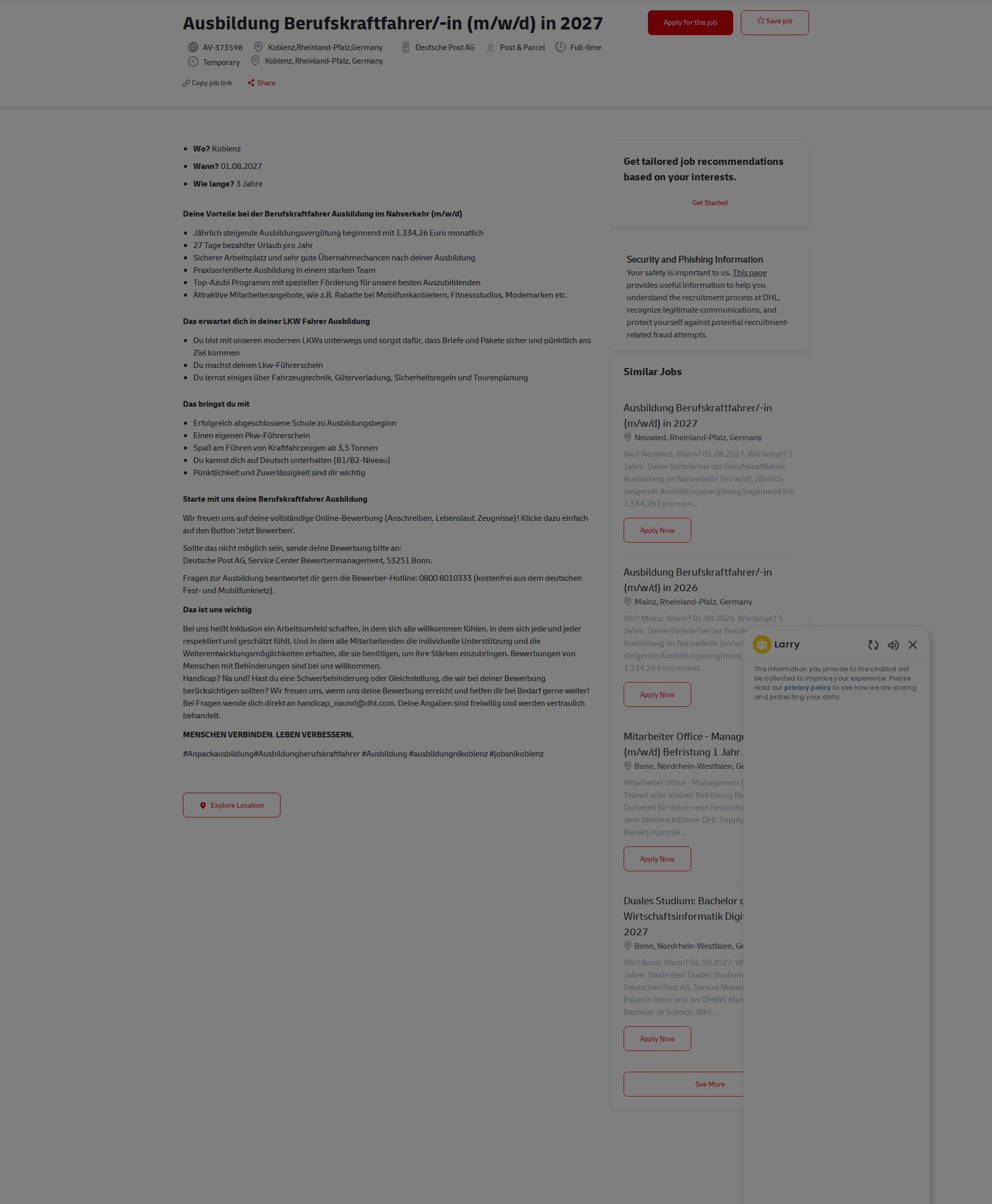 DHL Ausbildung Berufskraftfahrer/-in (m/w/d) in 2027 채용공고