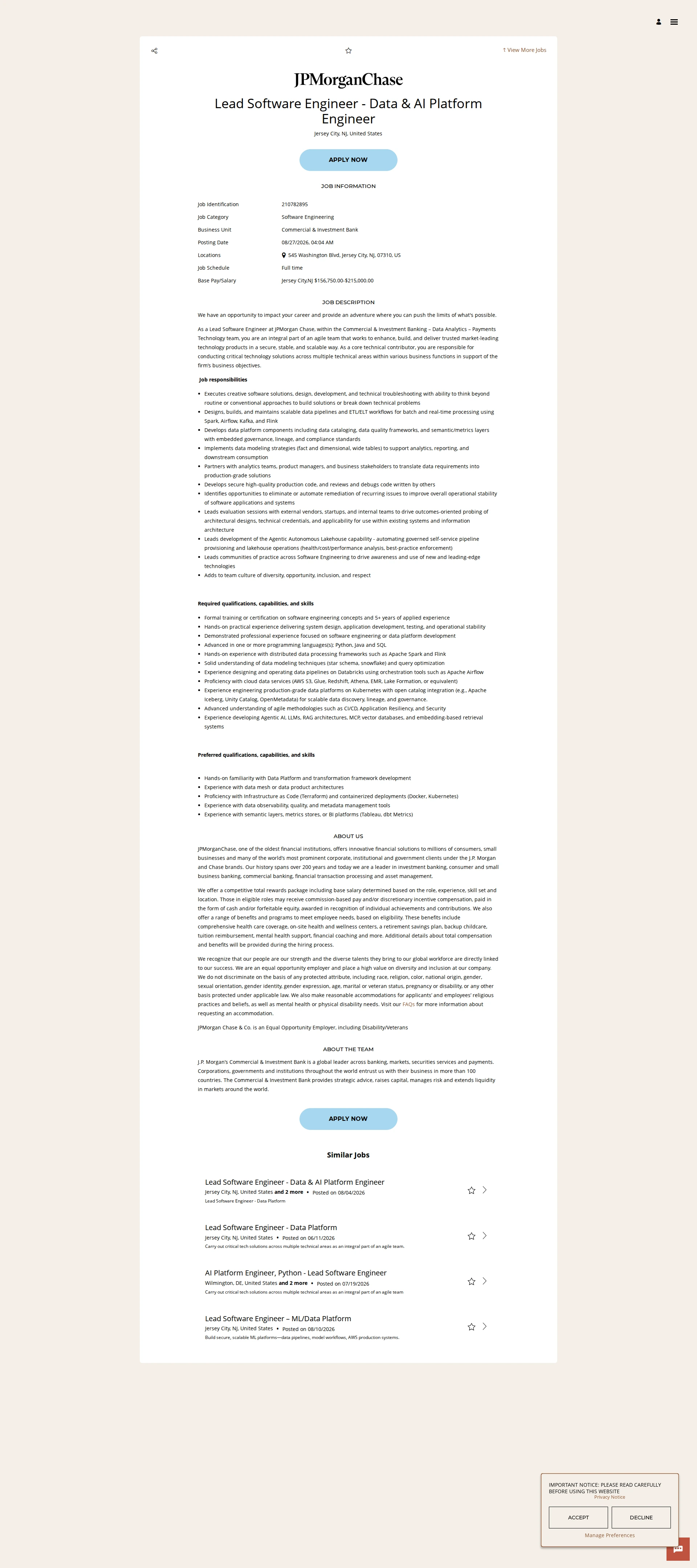 JPMorganChase Lead Software Engineer - Data & AI Platform Engineer 채용공고