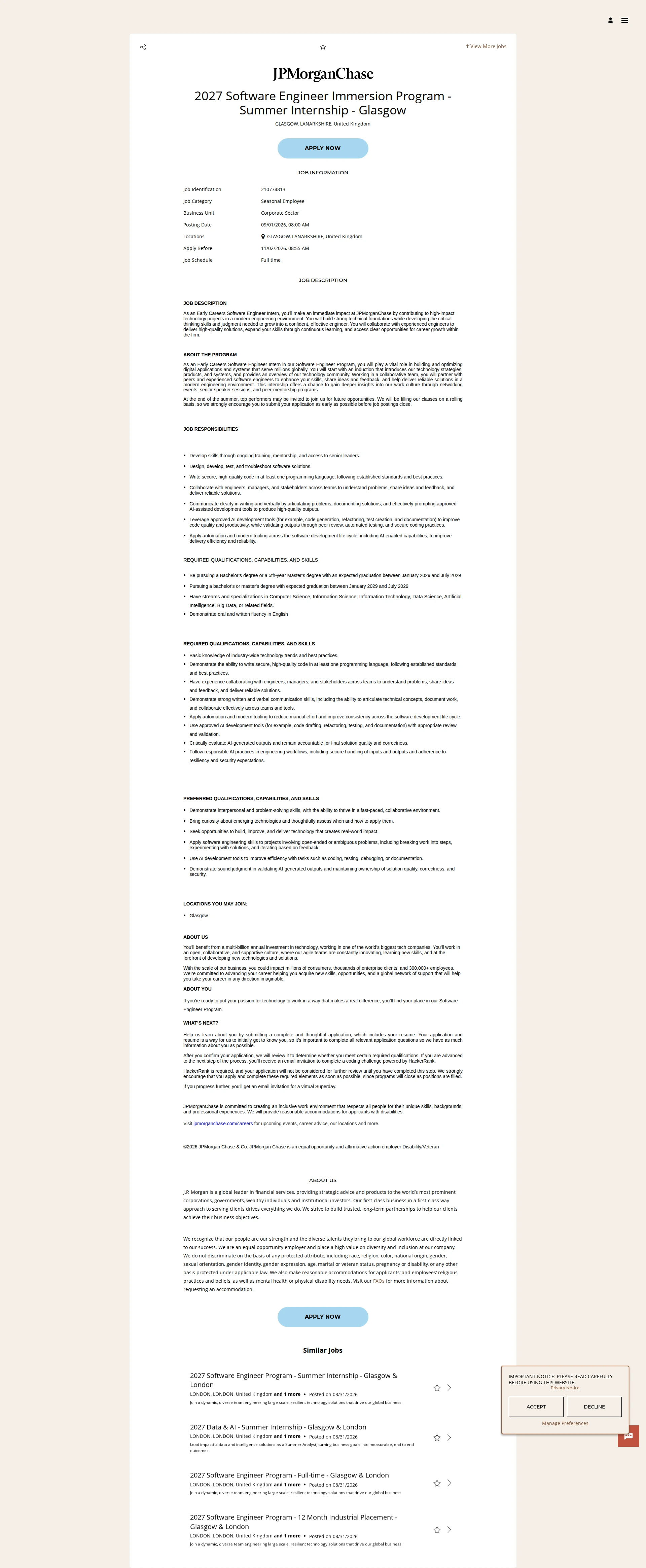JPMorganChase 2027 Software Engineer Immersion Program - Summer Internship - Glasgow 채용공고