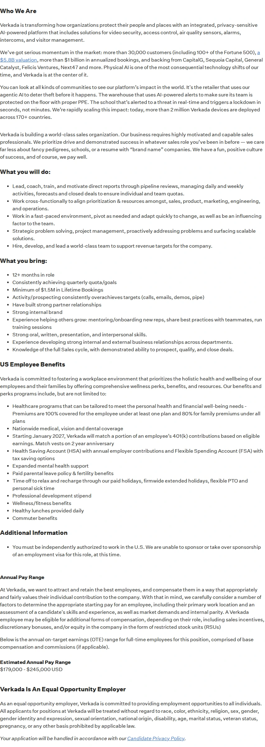 버카다 Regional Sales Manager, Mid-Market, Tampa 채용공고