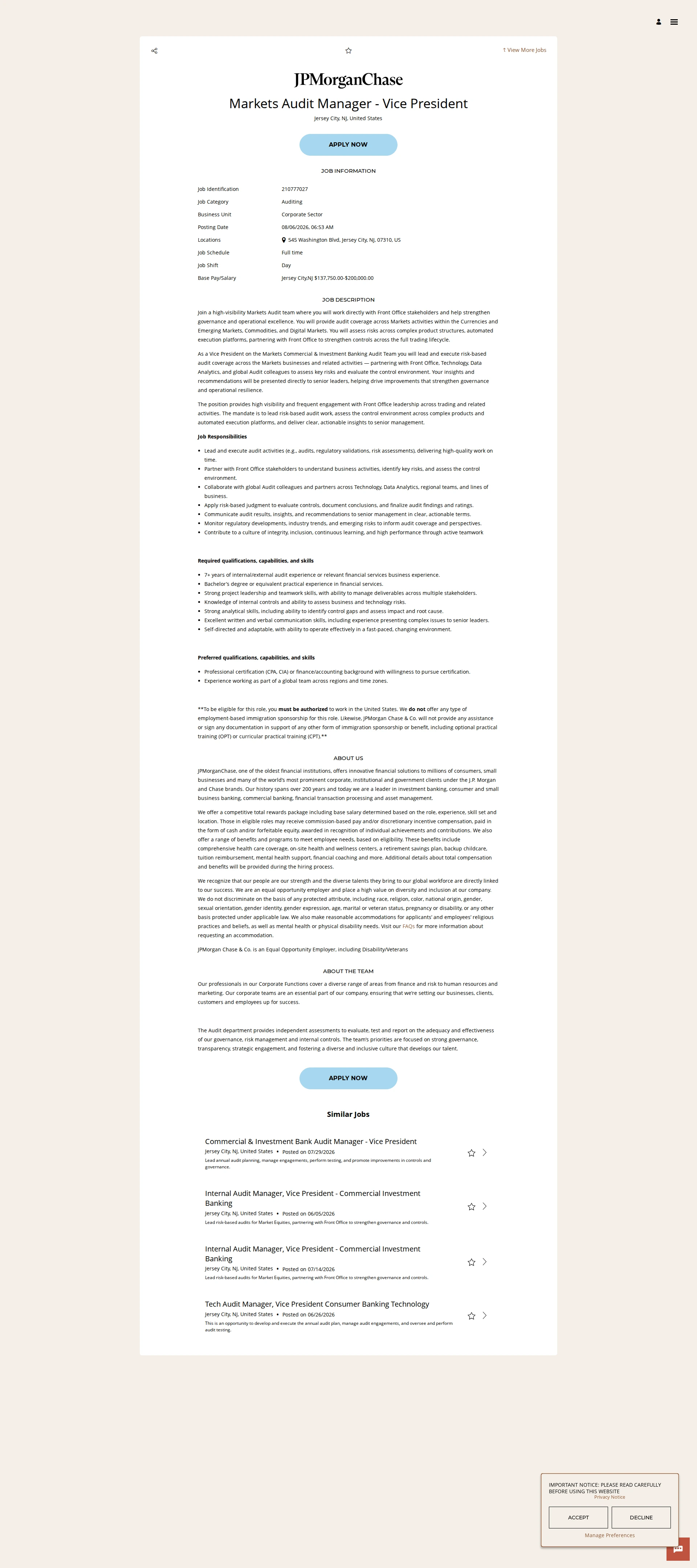 JPMorganChase Markets Audit Manager - Vice President 채용공고