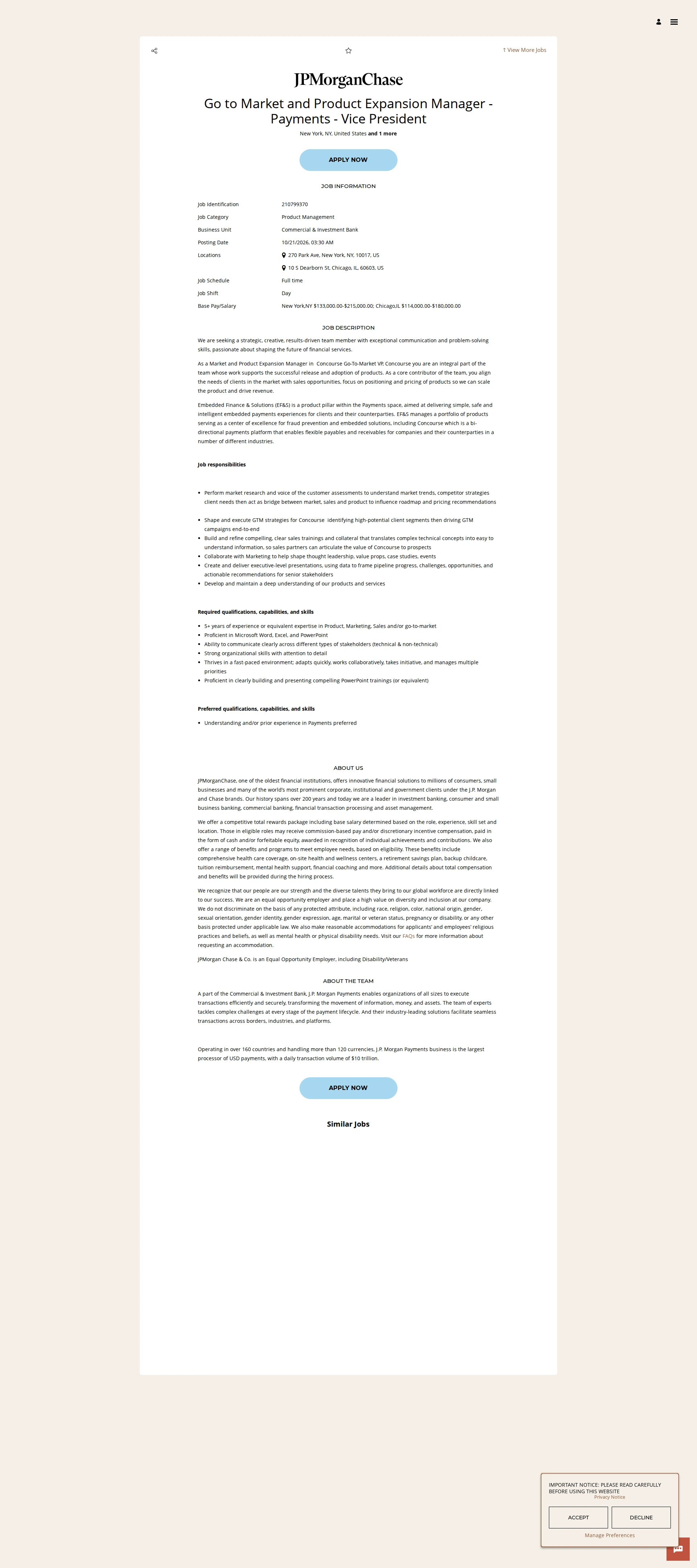 JPMorganChase Go to Market and Product Expansion Manager - Payments - Vice President 채용공고