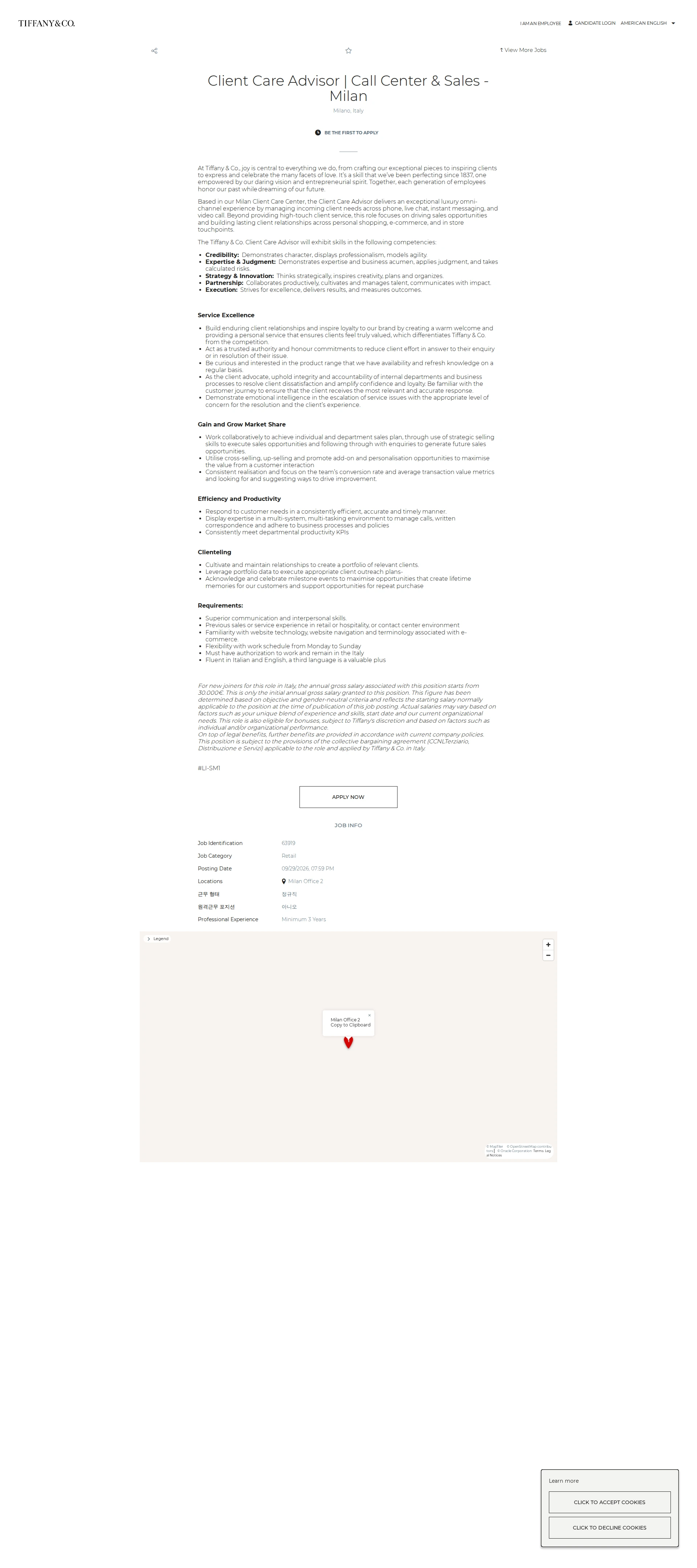 티파니앤코 Client Care Advisor | Call Center & Sales - Milan 채용공고