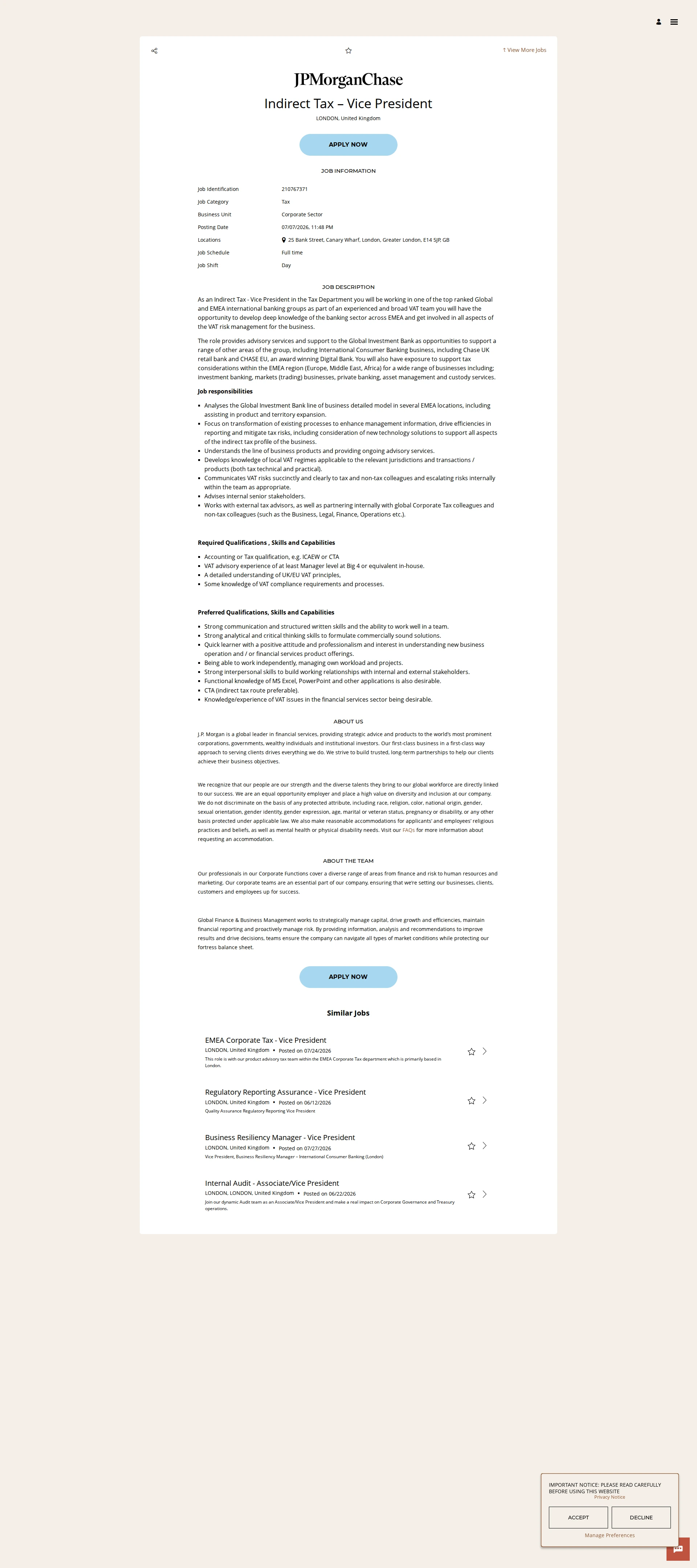 JPMorganChase Indirect Tax – Vice President 채용공고