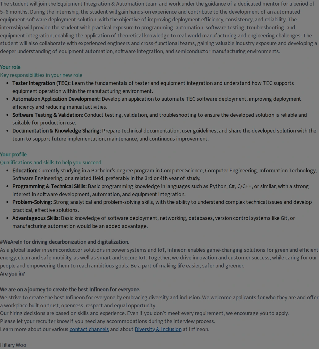 인피니언 Internship - Equipment Integration & Automation Engineer 채용공고