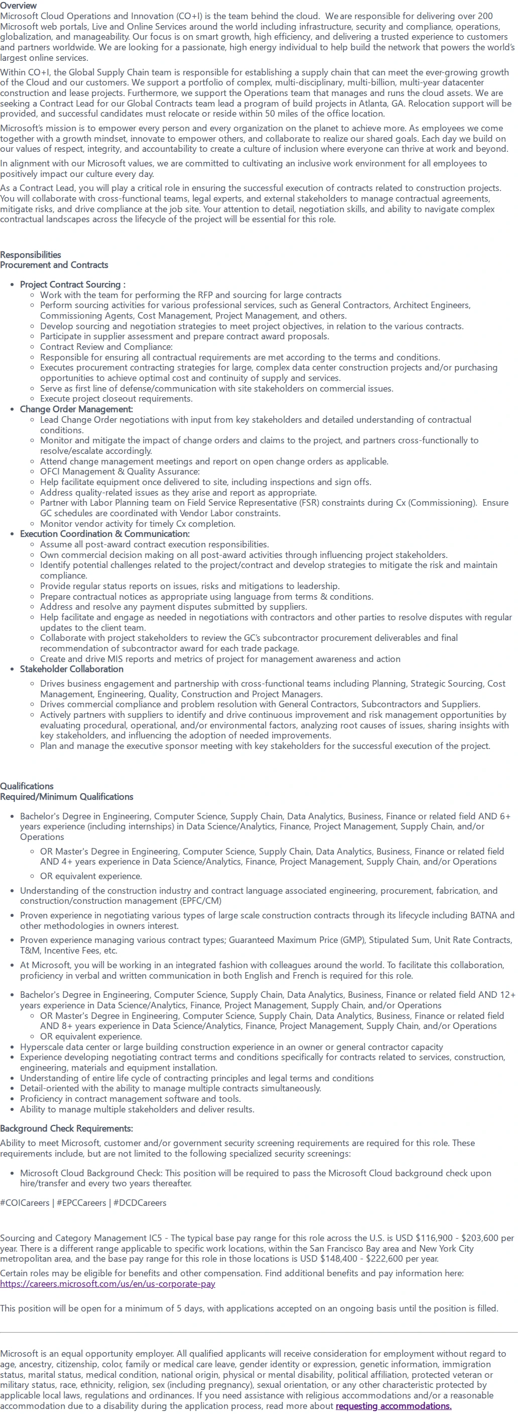 마이크로소프트(Microsoft) Contract Lead 채용공고