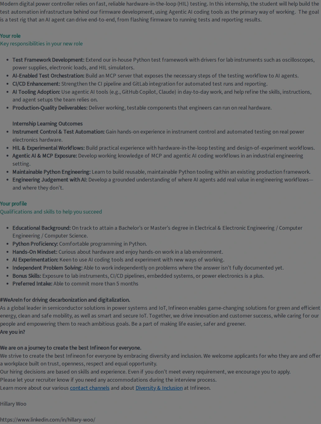 인피니언 Internship - Agentic AI for Hardware Test Automation 채용공고
