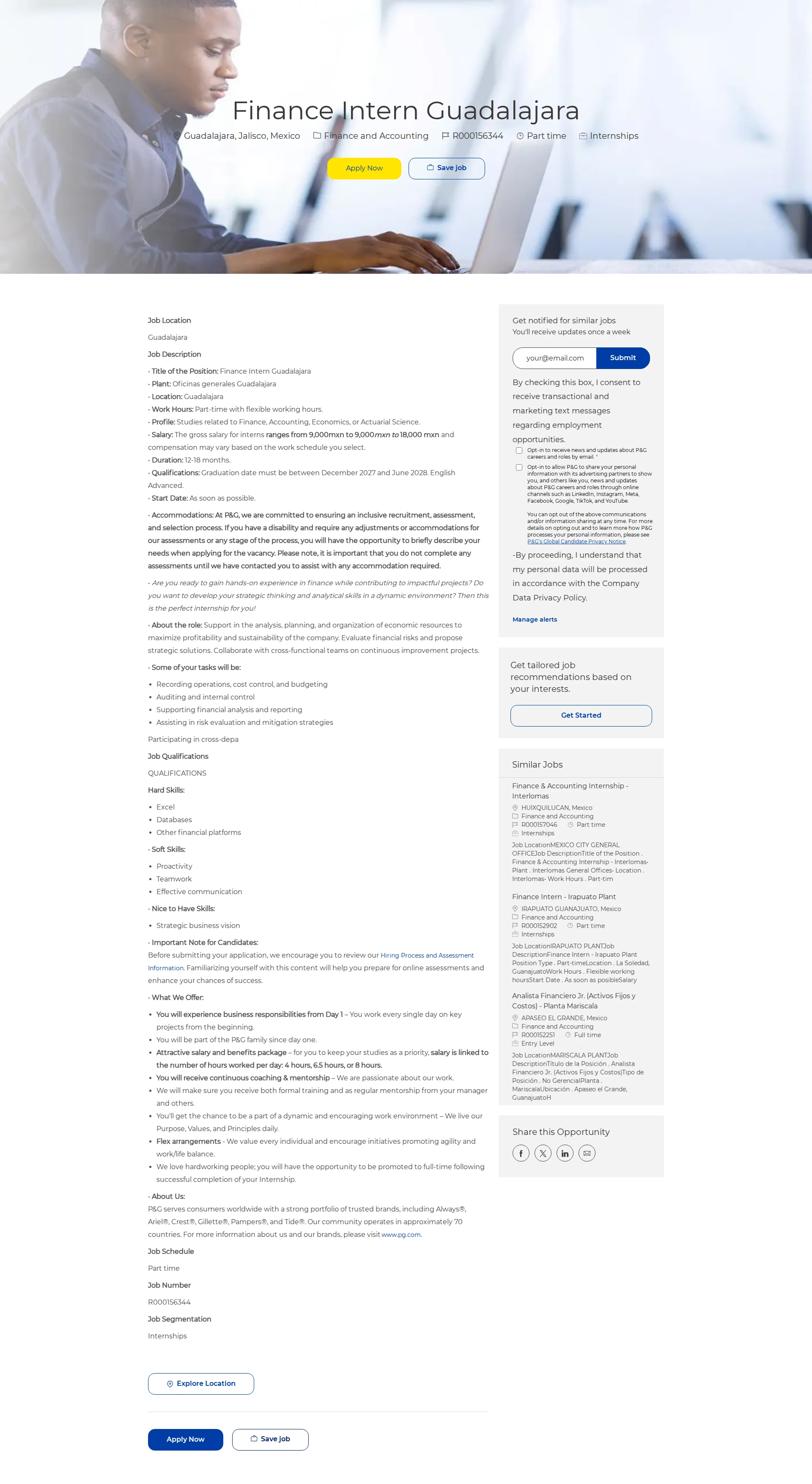 P&G Finance Intern Guadalajara 채용공고