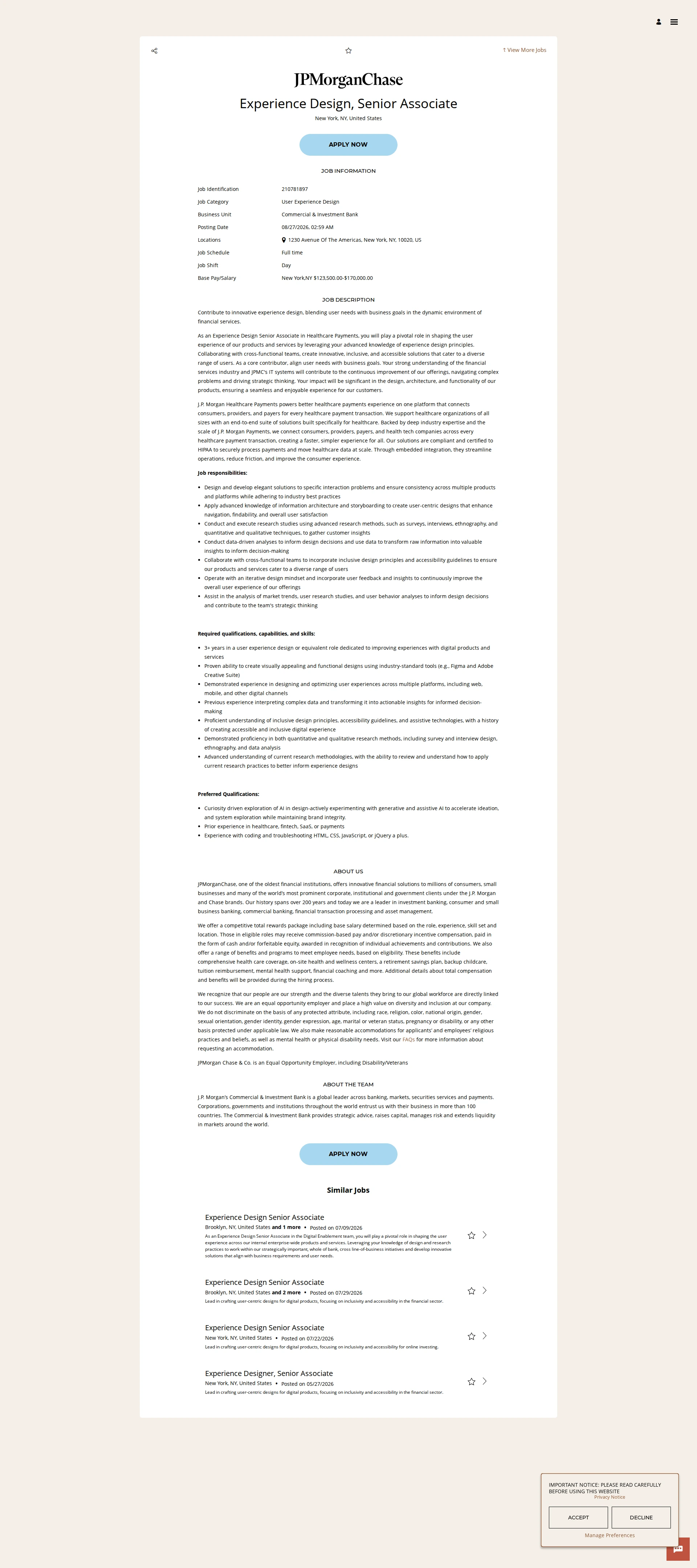 JPMorganChase Experience Design, Senior Associate 채용공고