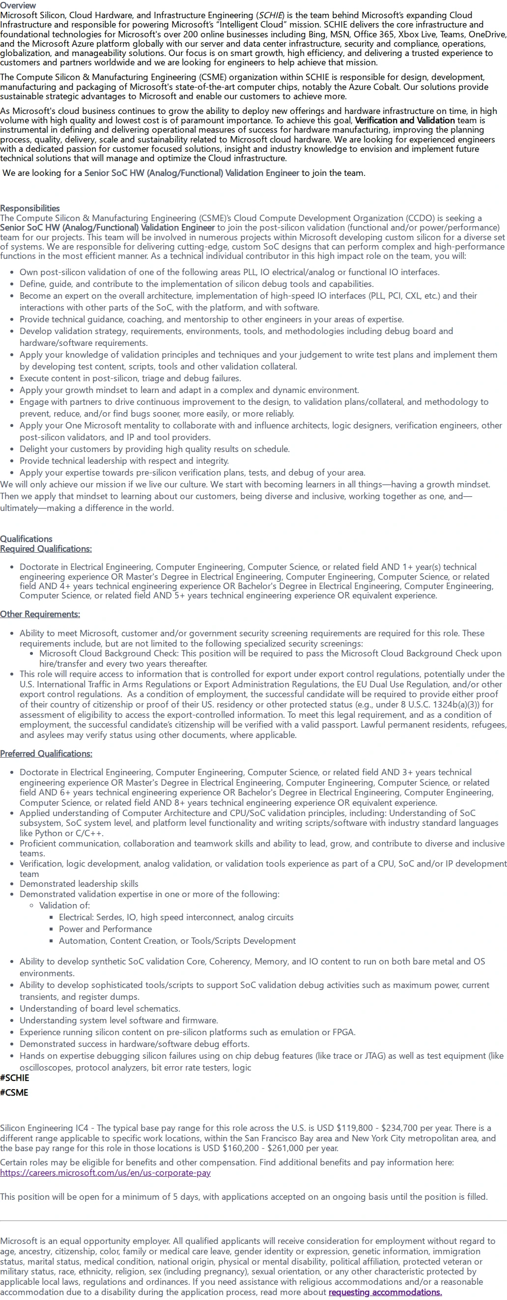 마이크로소프트(Microsoft) Senior SoC HW Analog/Functional Validation Engineer 채용공고