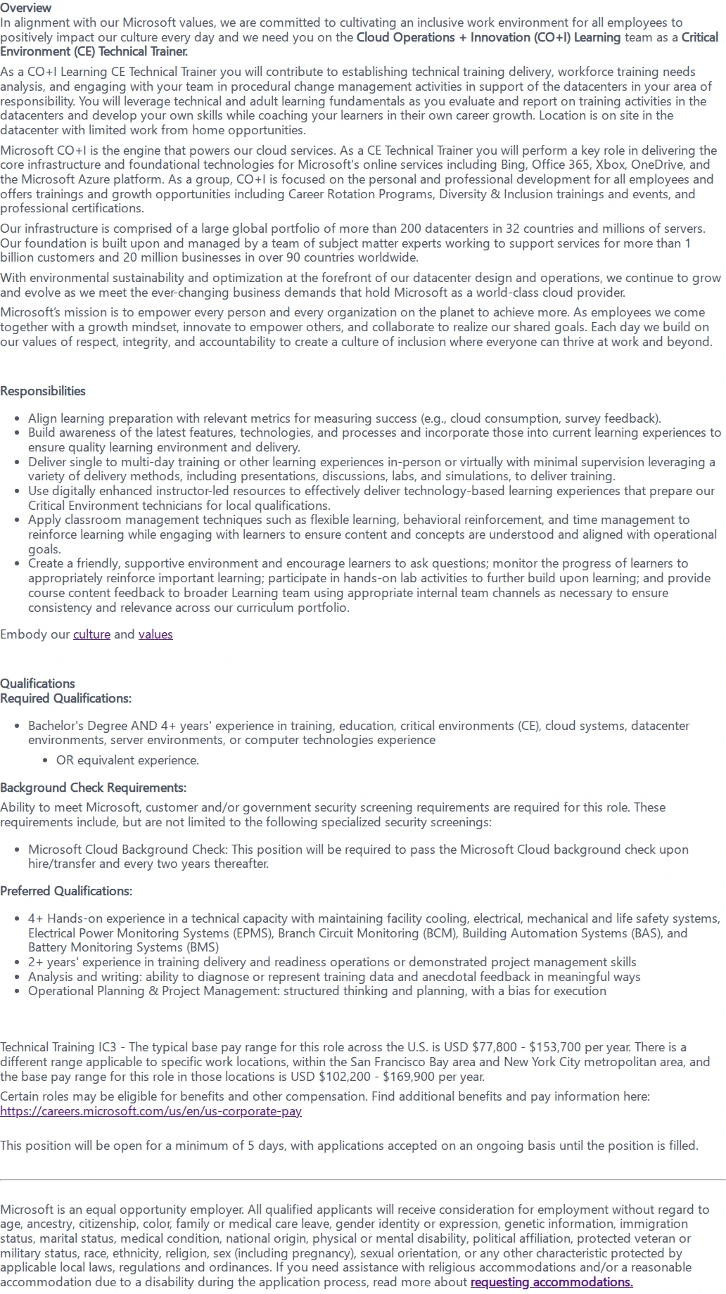 마이크로소프트(Microsoft) Critical Environment Technical Trainer 채용공고