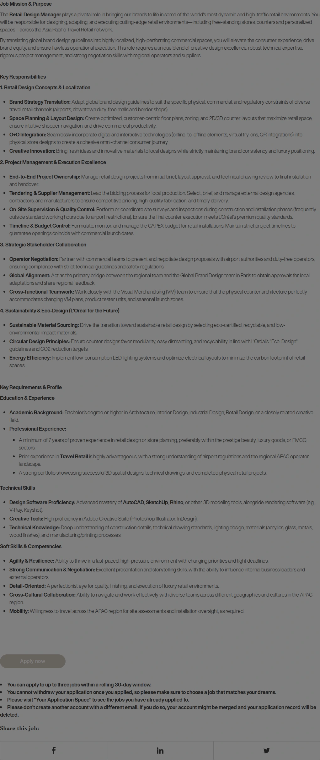 로레알(L'Oreal) [Travel Retail APAC] - Retail Design Manager 채용공고