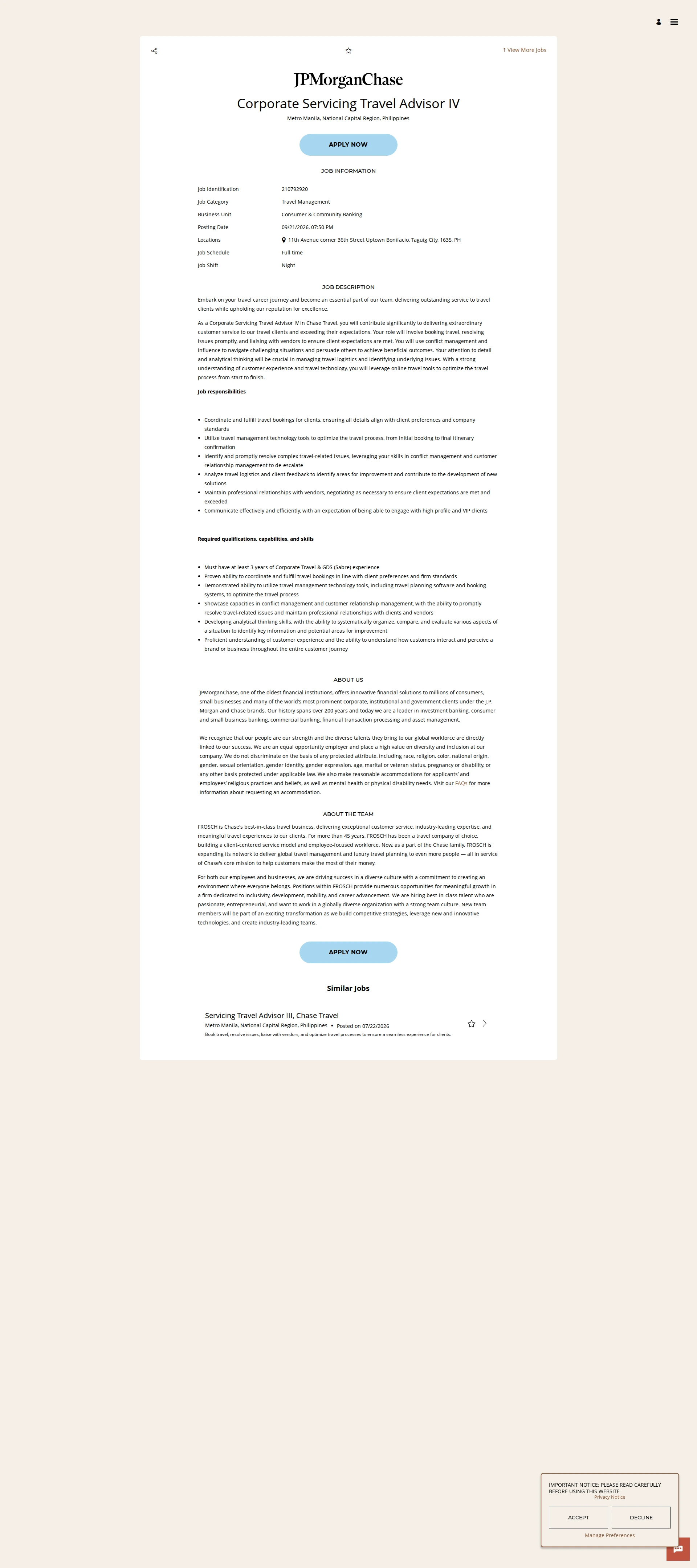 JPMorganChase Corporate Servicing Travel Advisor IV 채용공고
