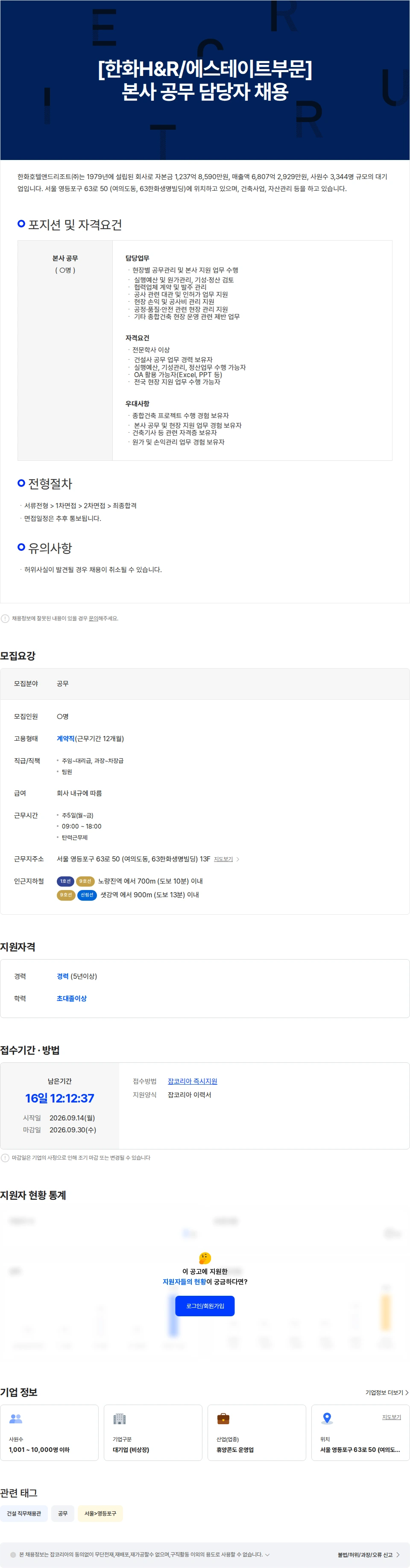 한화호텔앤드리조트 [한화H&R/에스테이트부문] 본사 공무 담당자 채용 채용공고