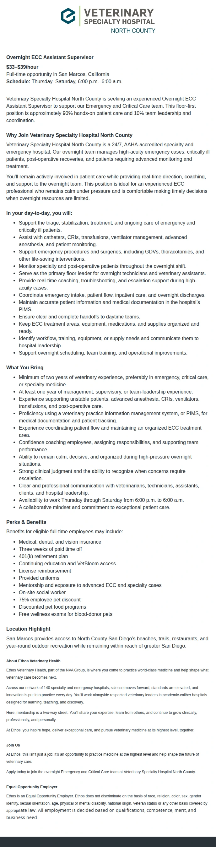 Ethos Veterinary Health Veterinary Technician Supervisor, ECC 채용공고
