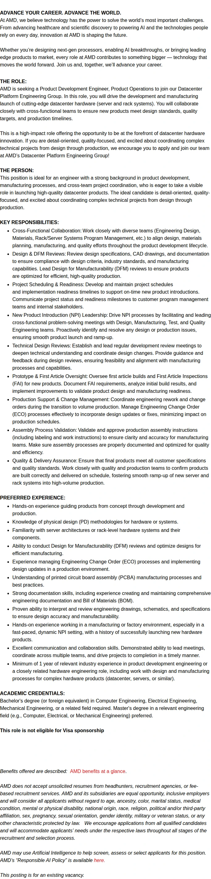 AMD Product Development Engineer, Product Operations 채용공고