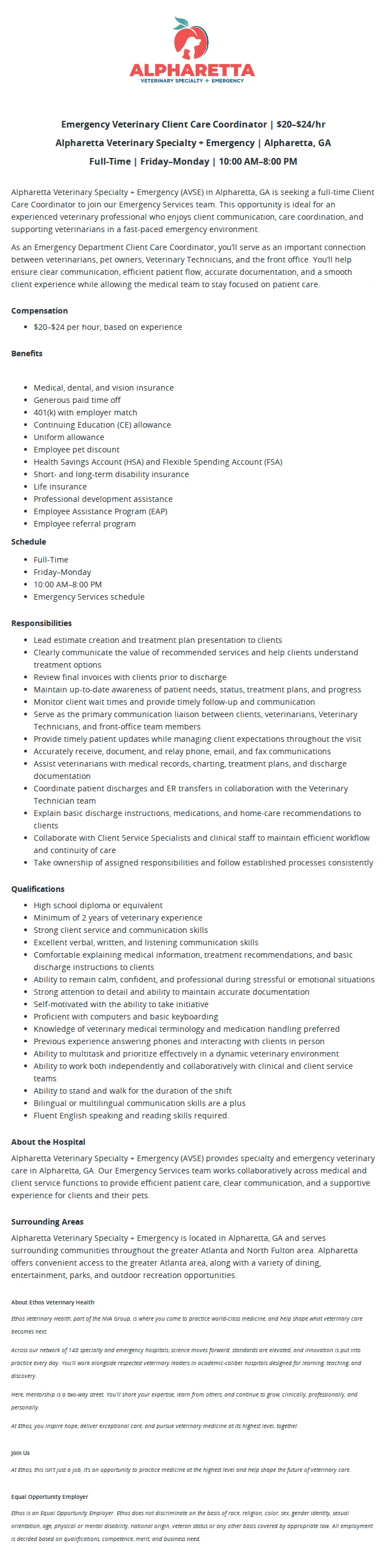 Ethos Veterinary Health Veterinary Client Care Coordinator 채용공고