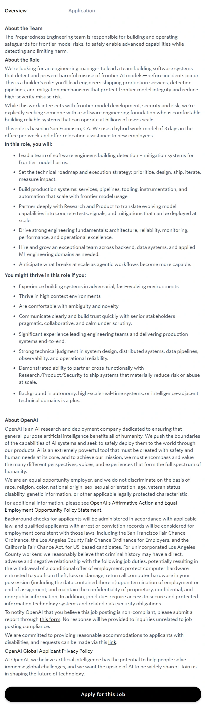 오픈에이아이(OpenAI) Engineering Manager, Preparedness 채용공고