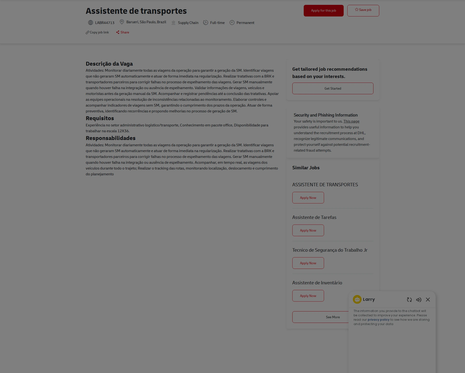 DHL Assistente de transportes 채용공고