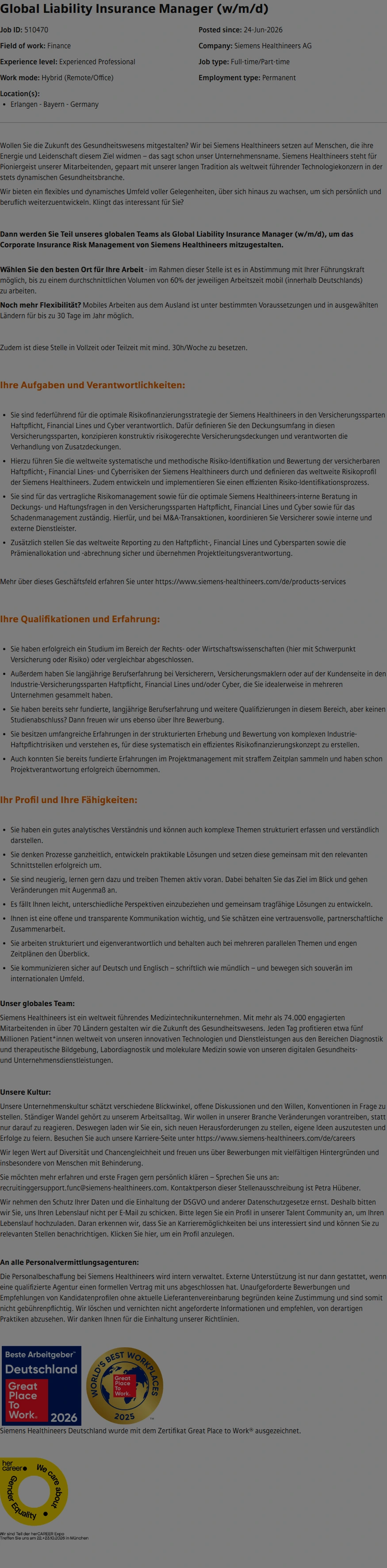SiemensHealthineers Global Liability Insurance Manager (w/m/d) 채용공고