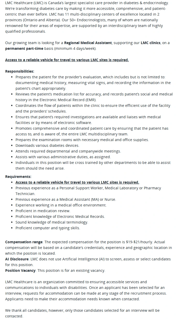 LMC Healthcare Regional Medical Assistant 채용공고