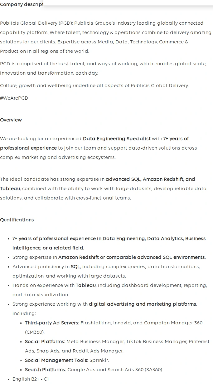 Publicis Groupe Data Engineer Specialist 채용공고